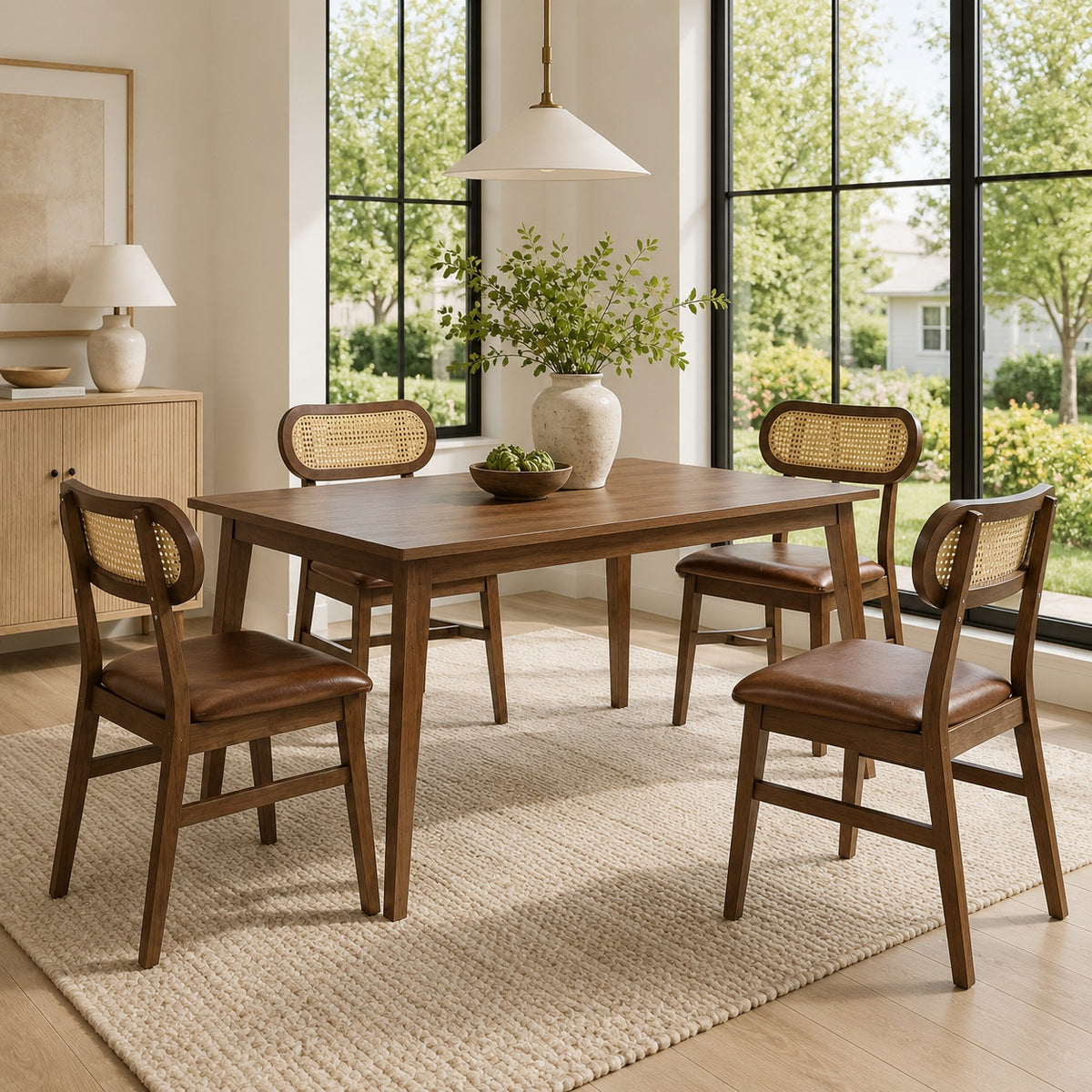 48 Inch Mid Century Dining Table Set for 4 with Rattan Chairs