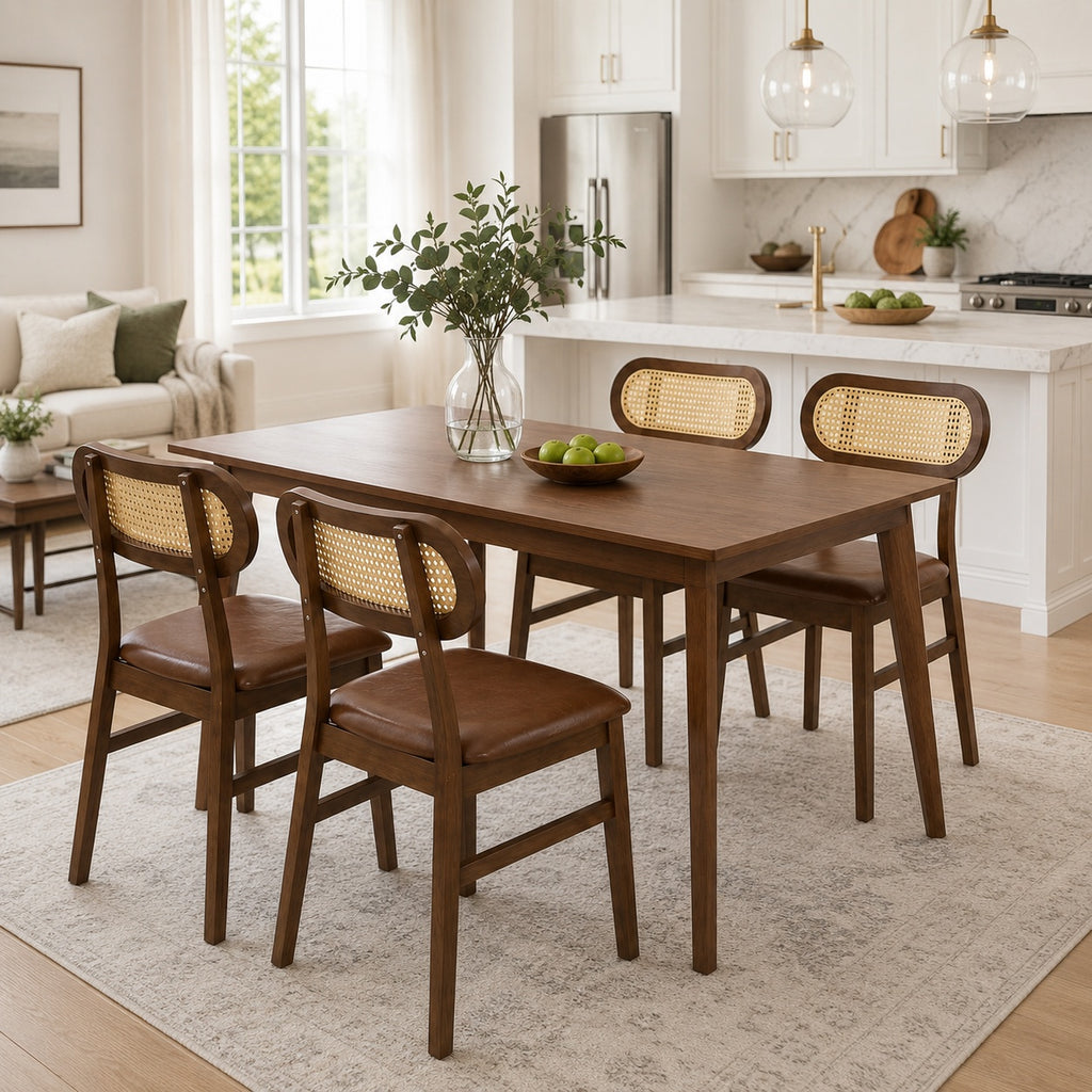 48 Inch Mid Century Dining Table Set for 4 with Rattan Chairs