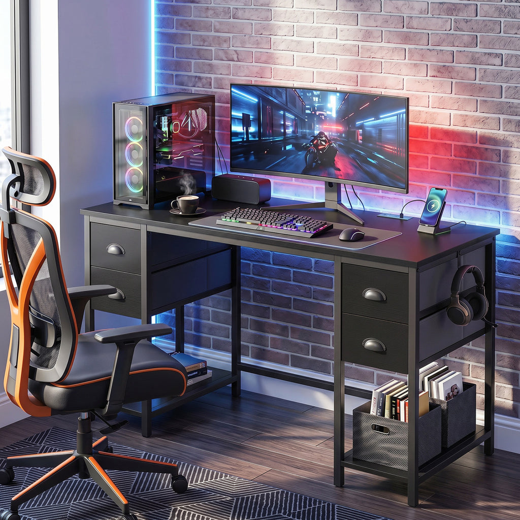 48 Inches Computer Desk with Power Outlet Home Office 4 Fabric Drawers