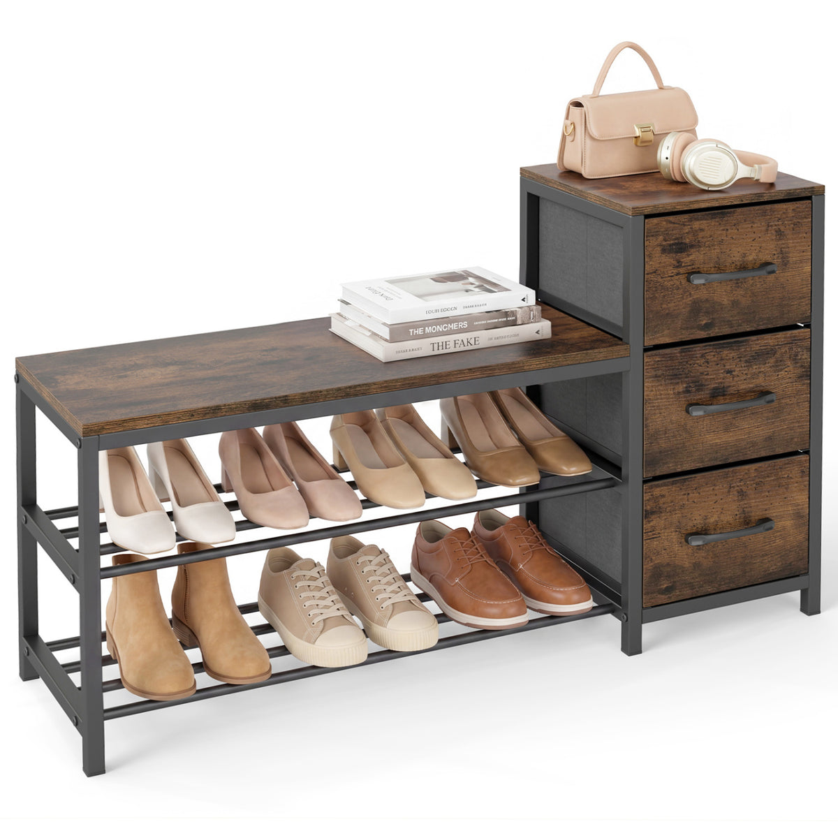 3-Tier Shoe Storage Bench with Drawer - Rustic Brown