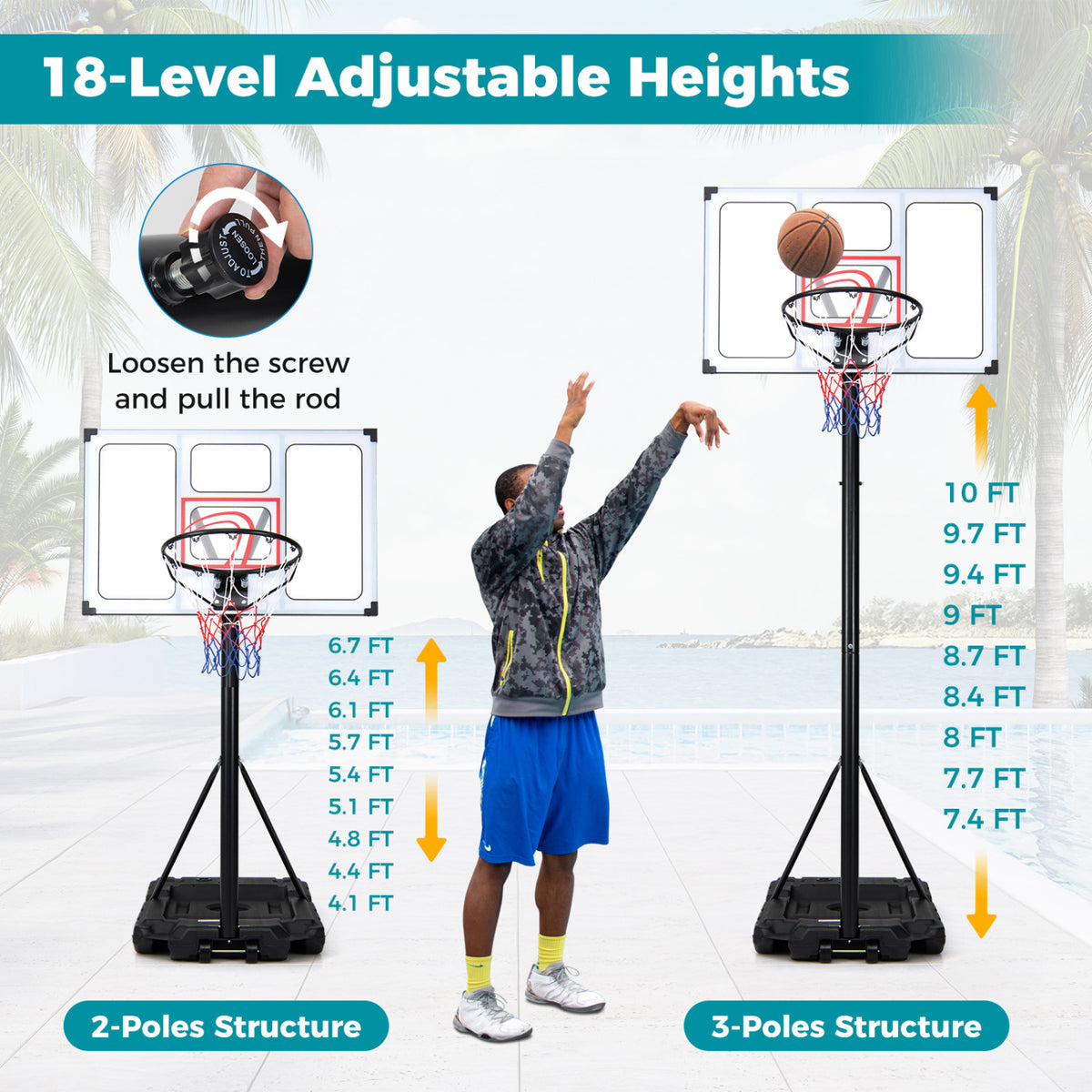 Adult 4.1-10 Feet Portable Adjustable Basketball Hoop with Heavy Duty Fillable Base - 18-Level