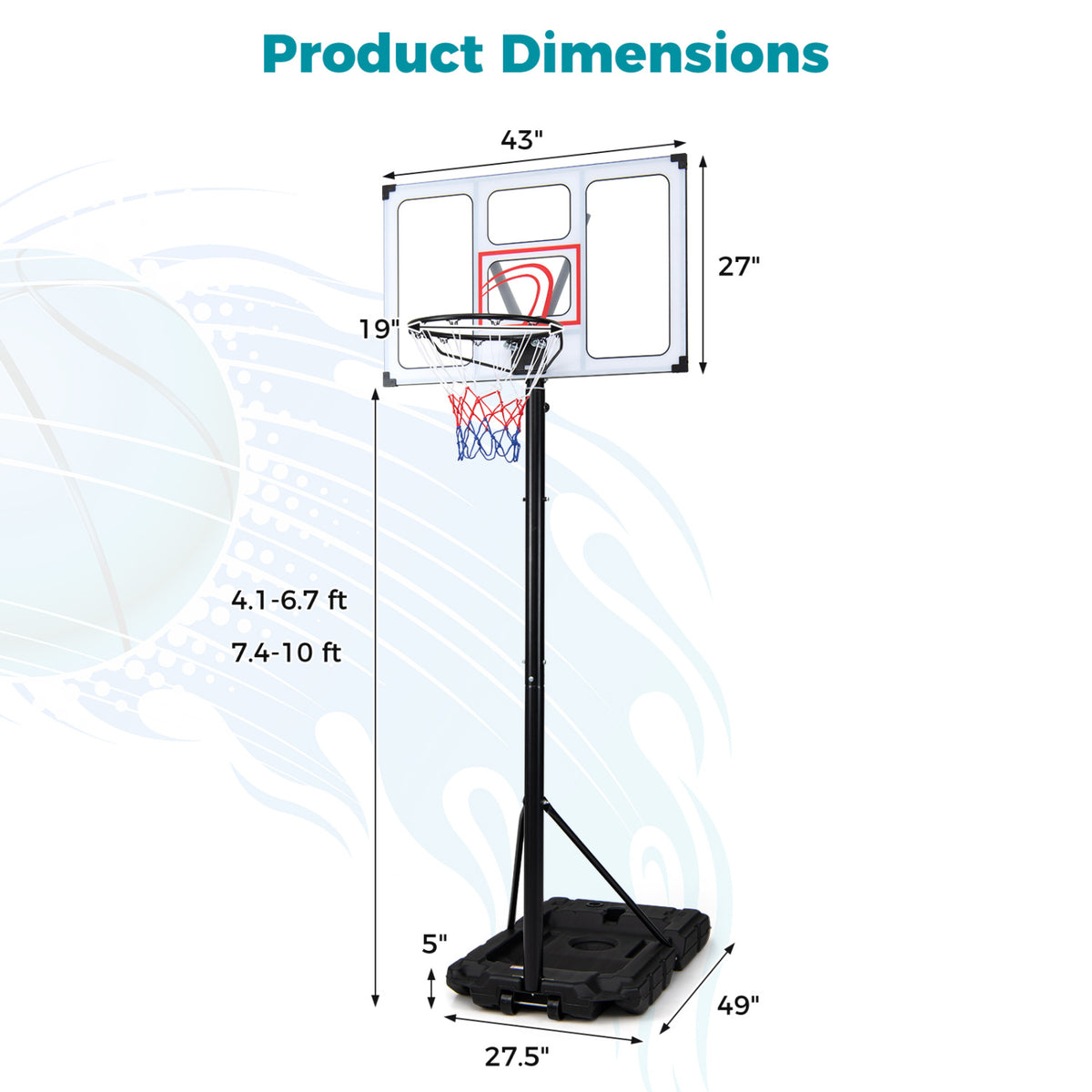 Adult 4.1-10 Feet Portable Adjustable Basketball Hoop with Heavy Duty Fillable Base - 18-Level