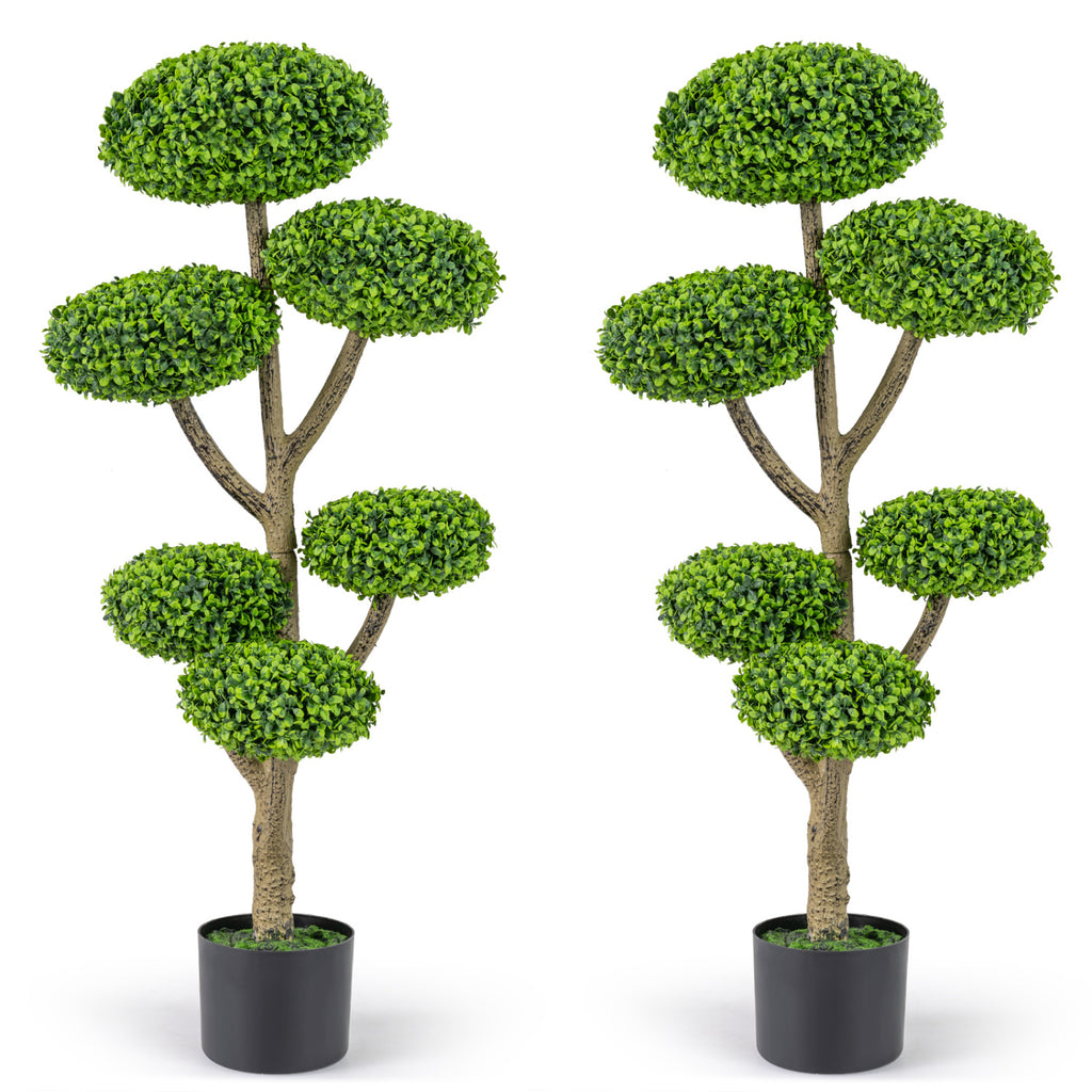 Set of 2 Artificial Topiary Trees with Realistic Trunks and Cement Bases - Indoor Outdoor Decor