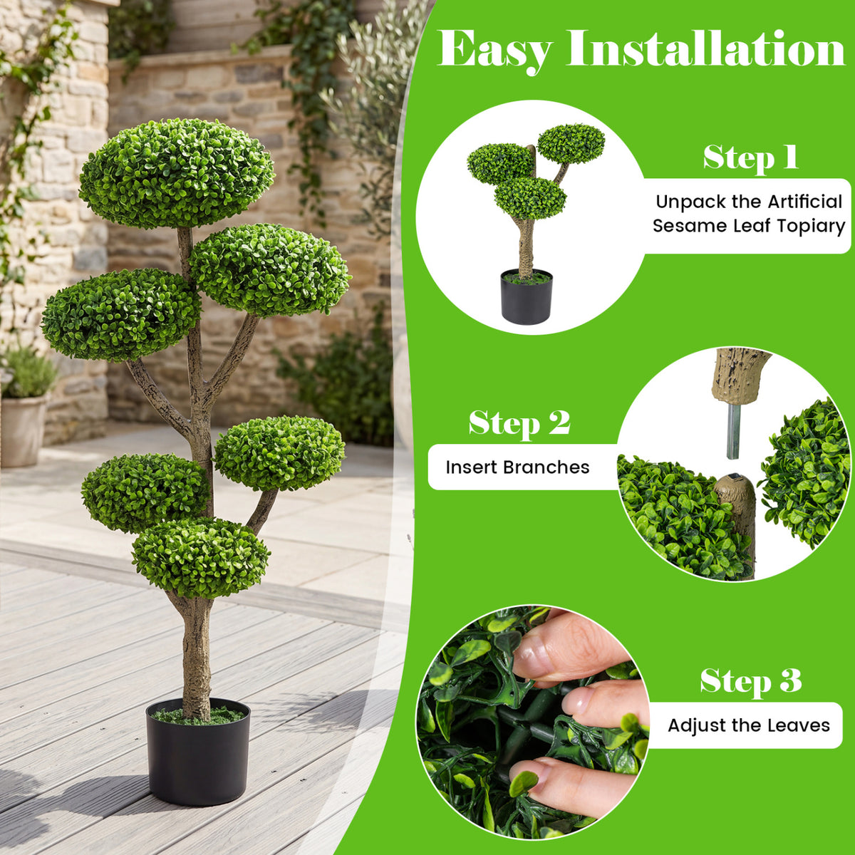 Set of 2 Artificial Topiary Trees with Realistic Trunks and Cement Bases - Indoor Outdoor Decor