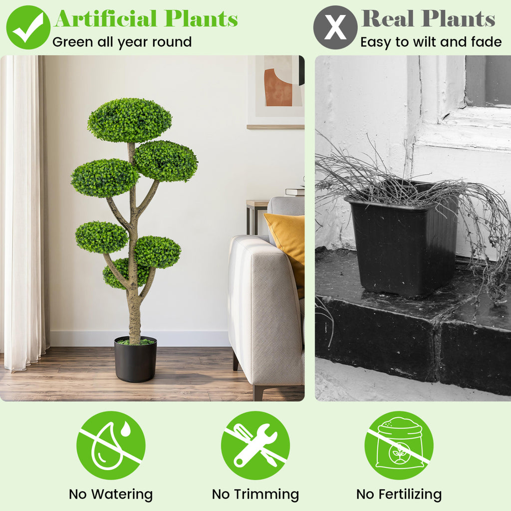 Set of 2 Artificial Topiary Trees with Realistic Trunks and Cement Bases - Indoor Outdoor Decor
