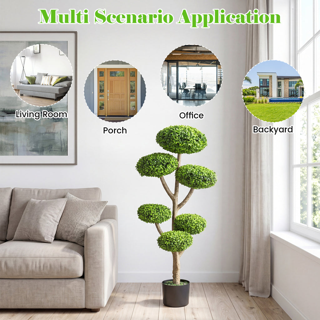 Set of 2 Artificial Topiary Trees with Realistic Trunks and Cement Bases - Indoor Outdoor Decor
