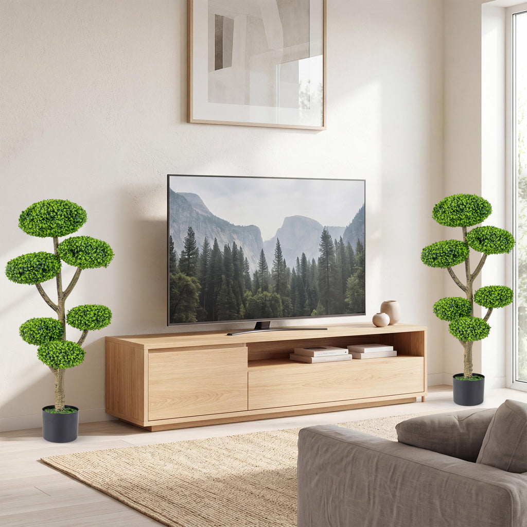 Set of 2 Artificial Topiary Trees with Realistic Trunks and Cement Bases - Indoor Outdoor Decor