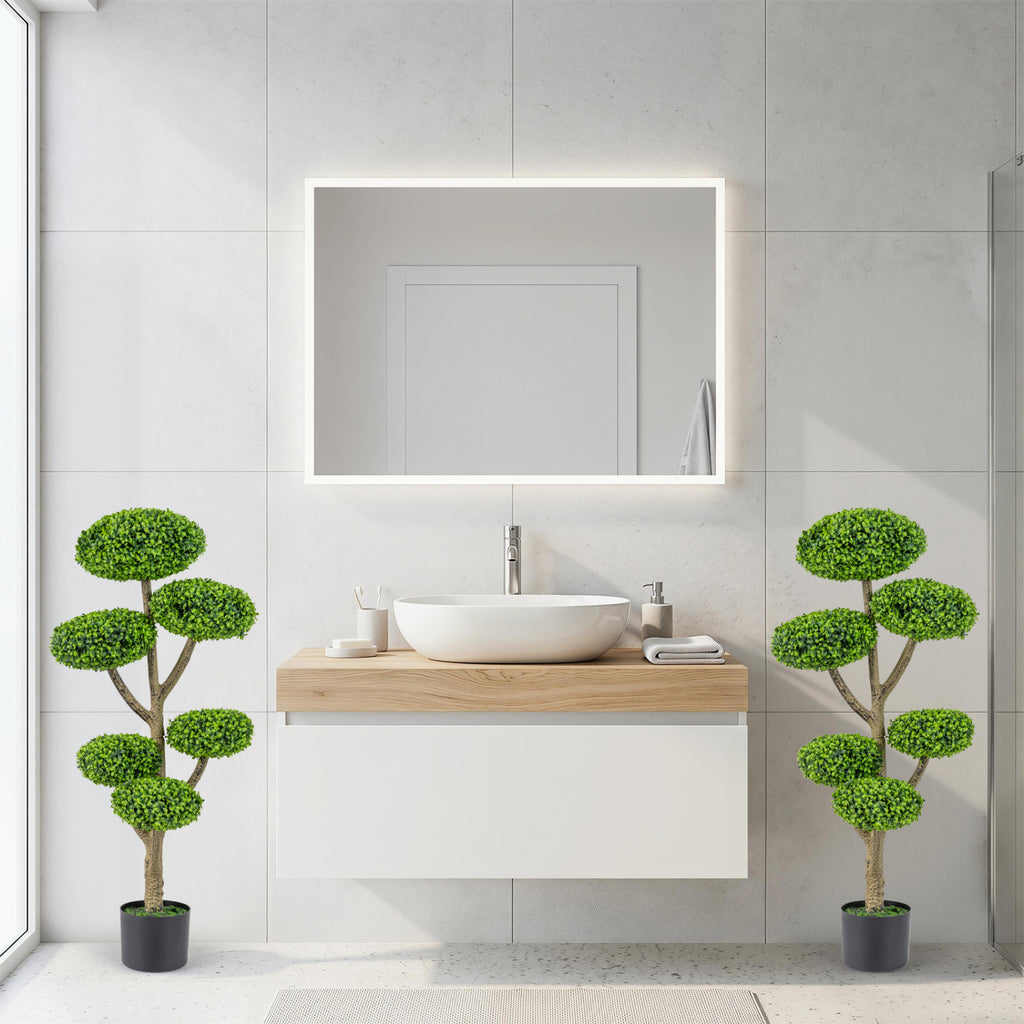 Set of 2 Artificial Topiary Trees with Realistic Trunks and Cement Bases - Indoor Outdoor Decor