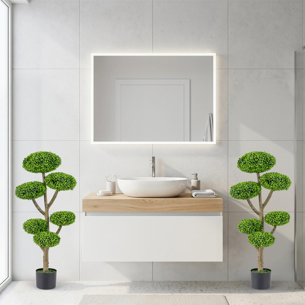 Set of 2 Artificial Topiary Trees with Realistic Trunks and Cement Bases - Indoor Outdoor Decor