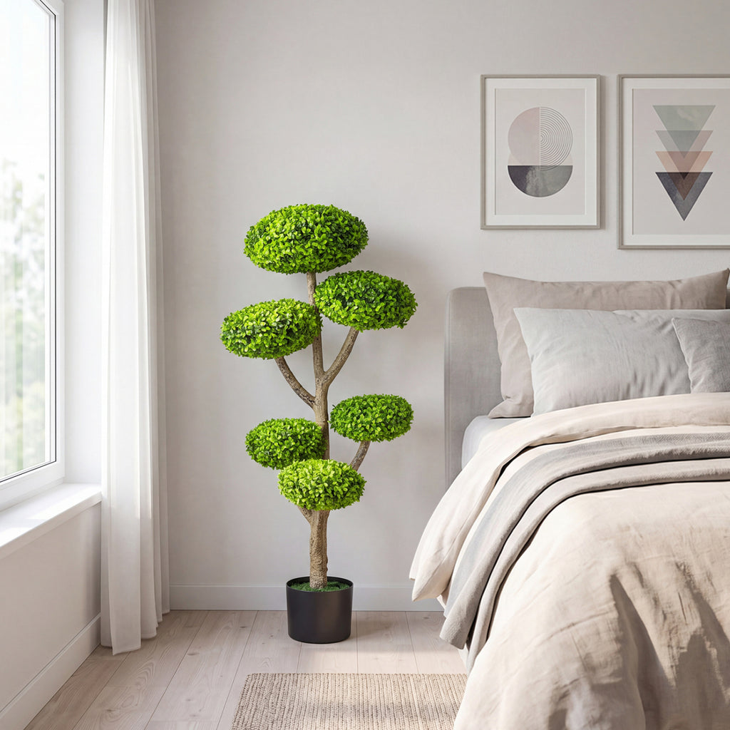 Set of 2 Artificial Topiary Trees with Realistic Trunks and Cement Bases - Indoor Outdoor Decor