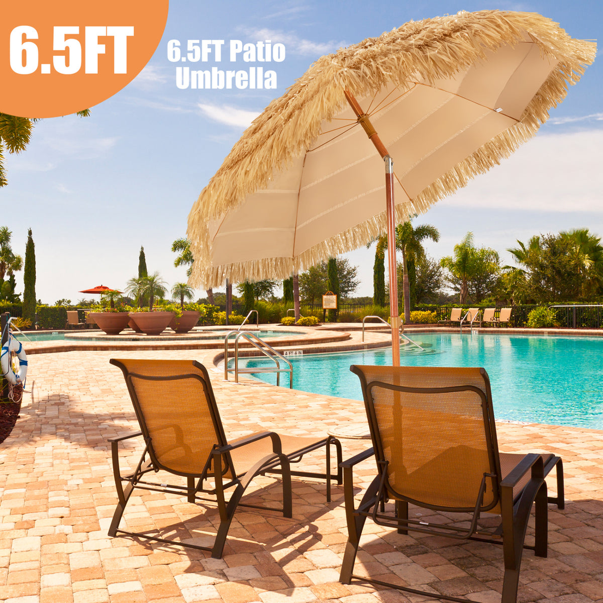 6.5 Feet Portable Thatched Tiki Beach Umbrella with Adjustable Tilt