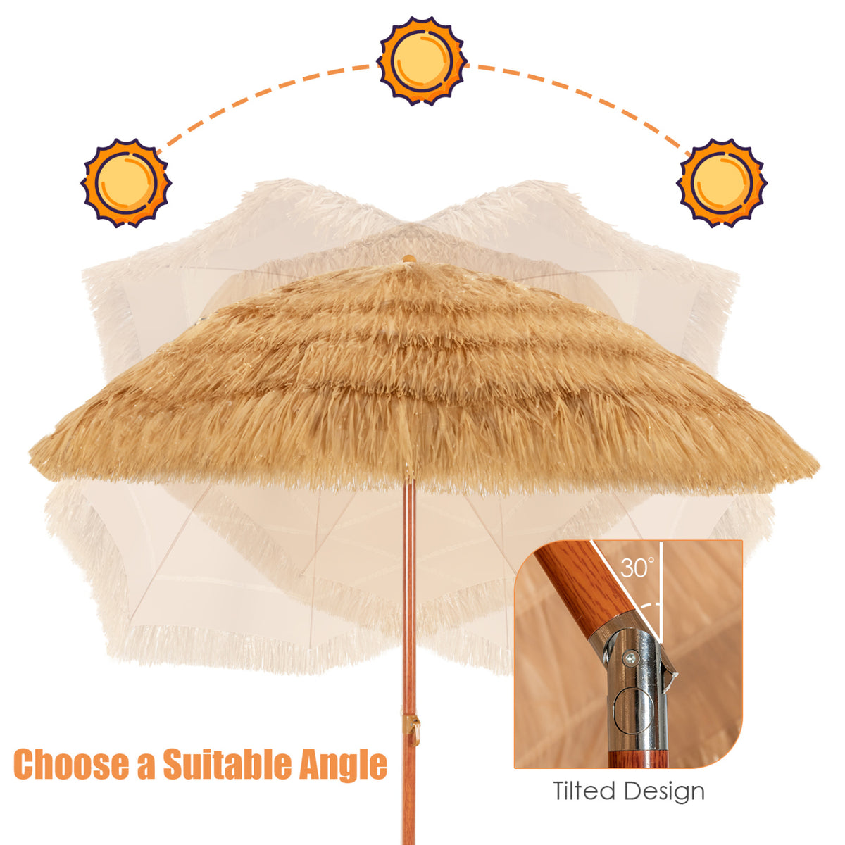 6.5 Feet Portable Thatched Tiki Beach Umbrella with Adjustable Tilt