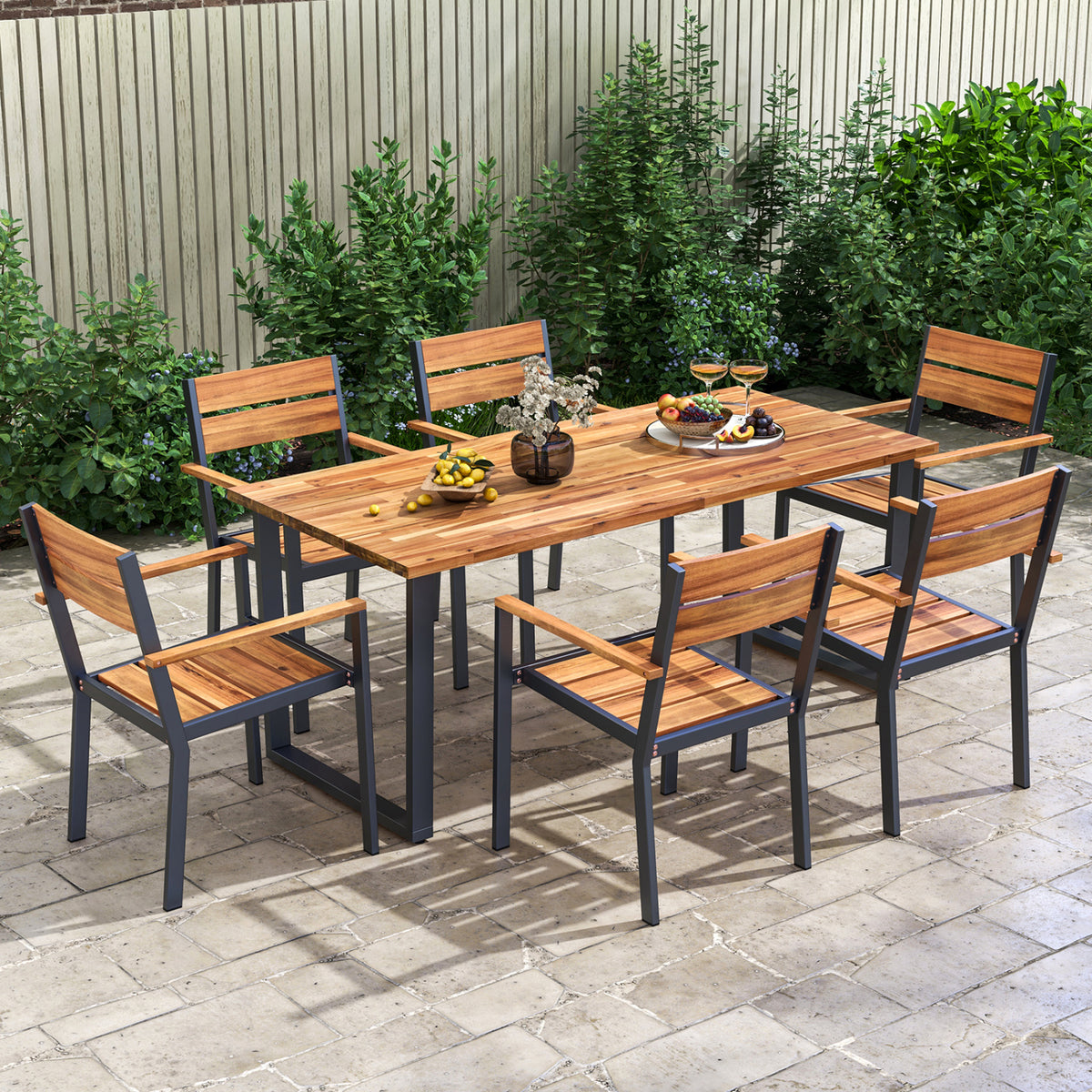 Outside Patio Dining Chair with Acacia Armrest for Backyard Garden