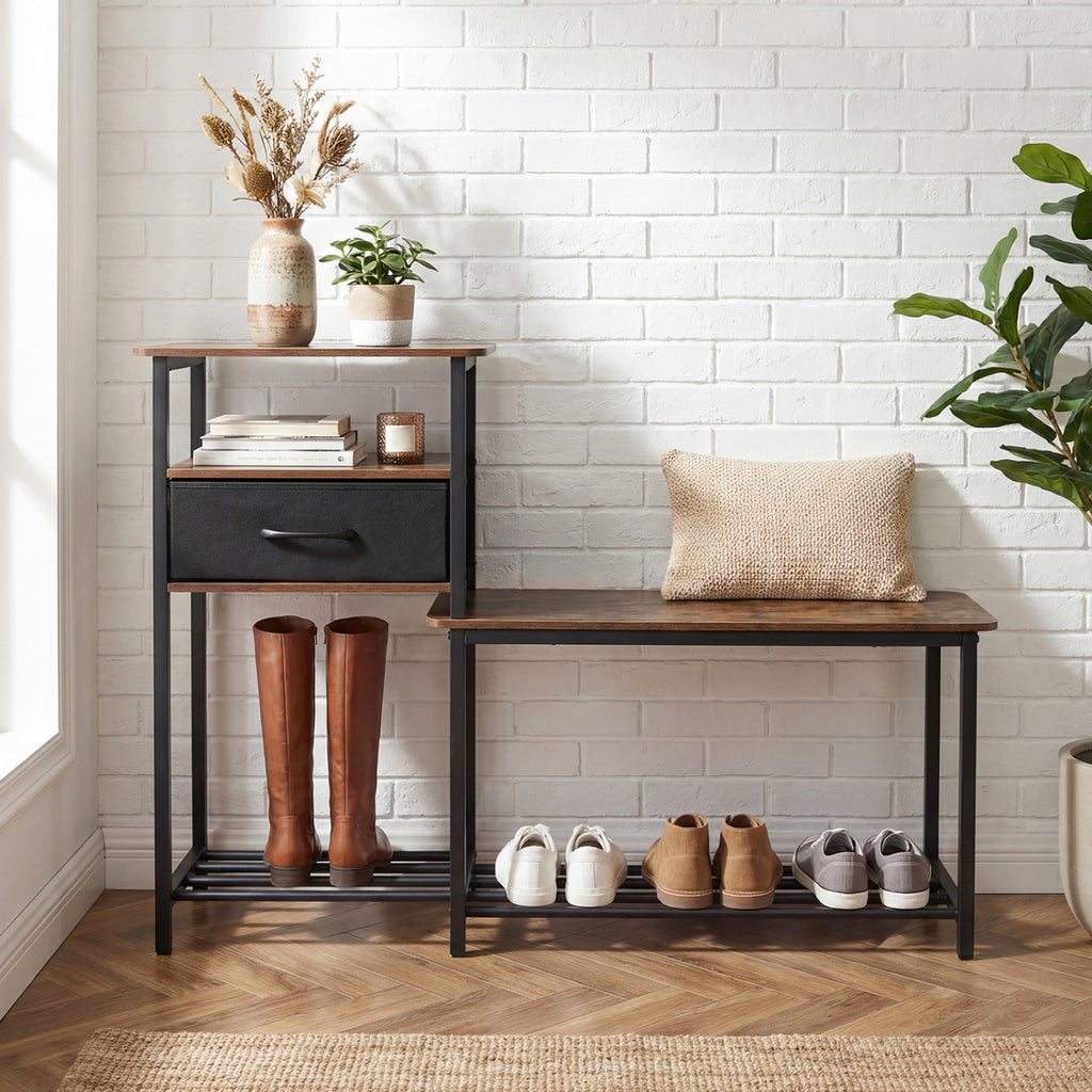 3-Tier Shoe Storage Bench with Drawer - Rustic Brown