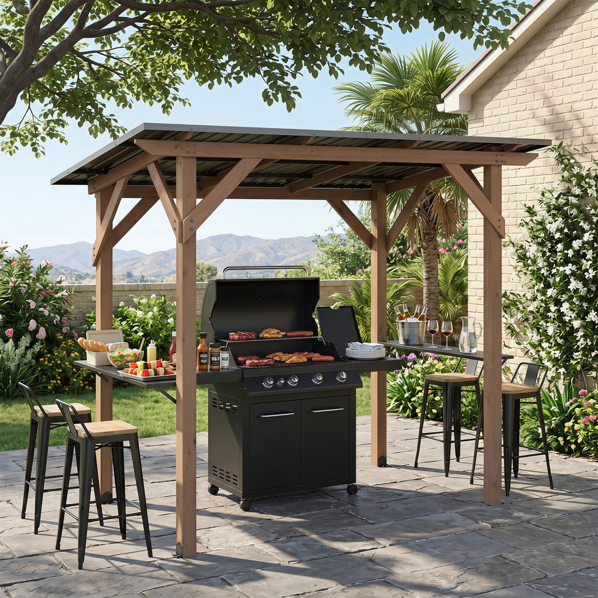 8.6 FT x 5 Grill Gazebo Cedar Wood BBQ with 2 Side Serving Shelves