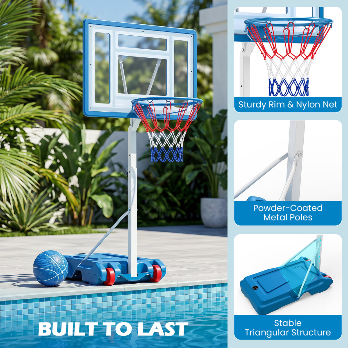 Poolside Adjustable Basketball Hoop 3.3-3.9 Ft with Shatterproof Backboard