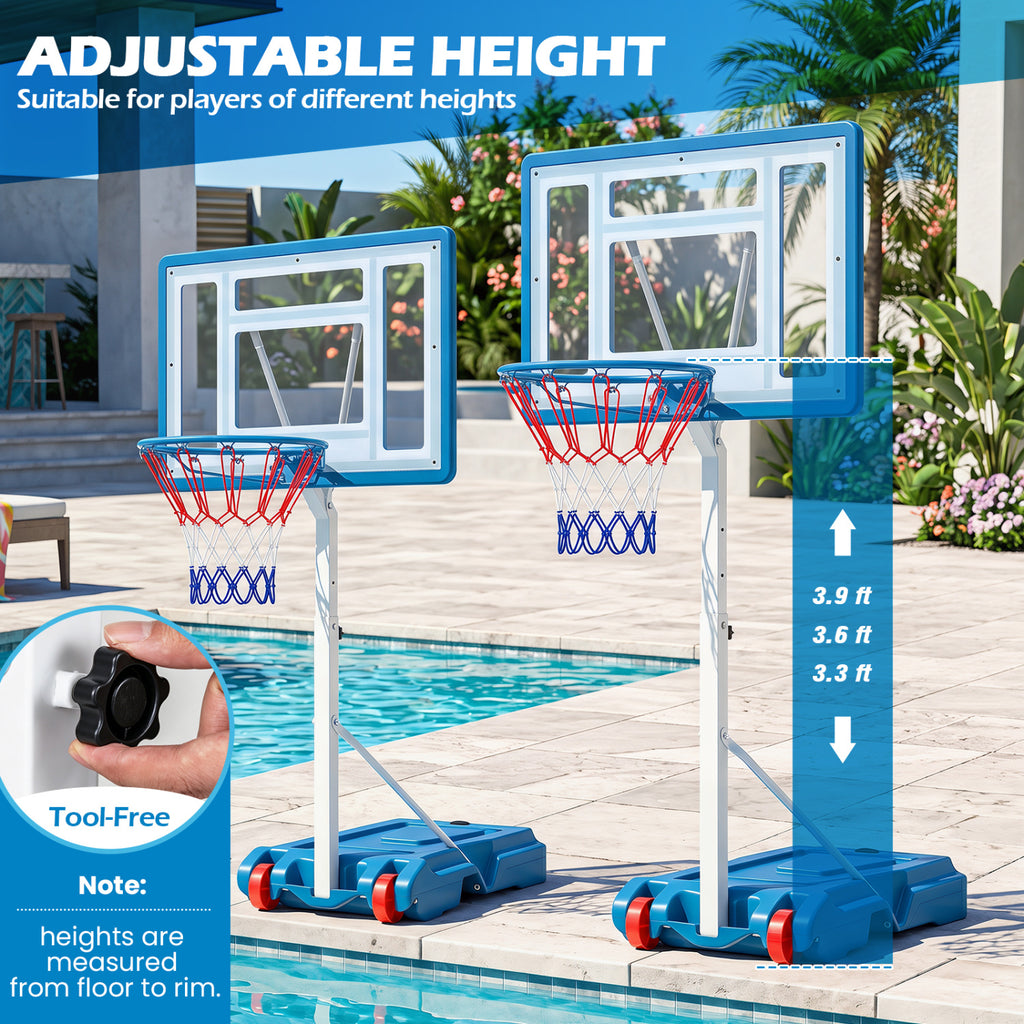 Poolside Adjustable Basketball Hoop 3.3-3.9 Ft with Shatterproof Backboard