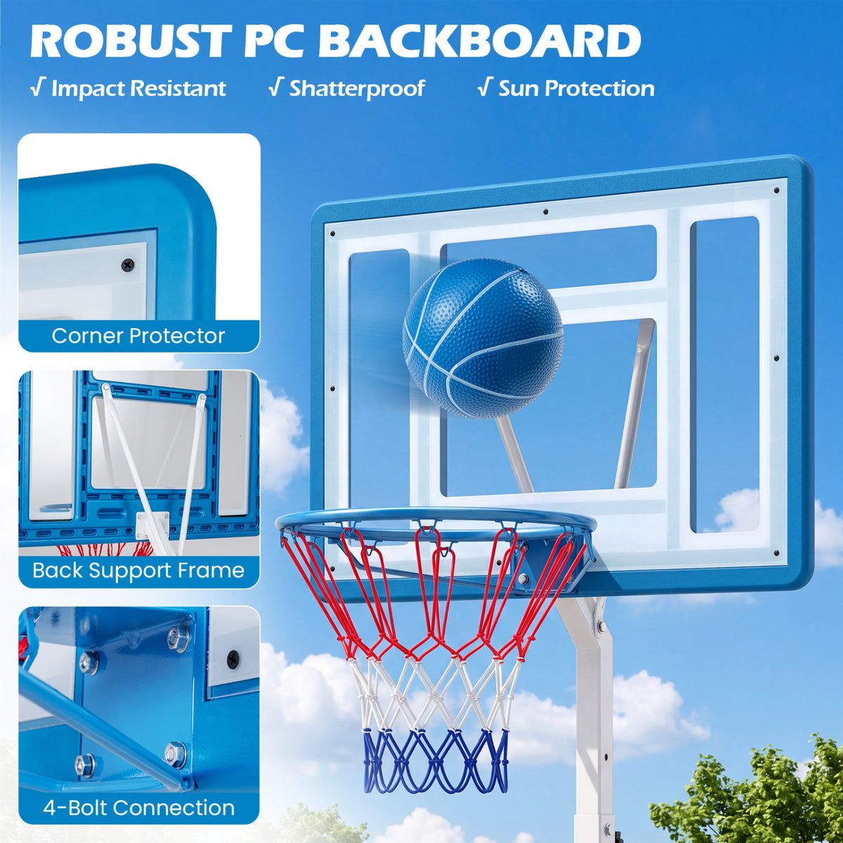Poolside Adjustable Basketball Hoop 3.3-3.9 Ft with Shatterproof Backboard