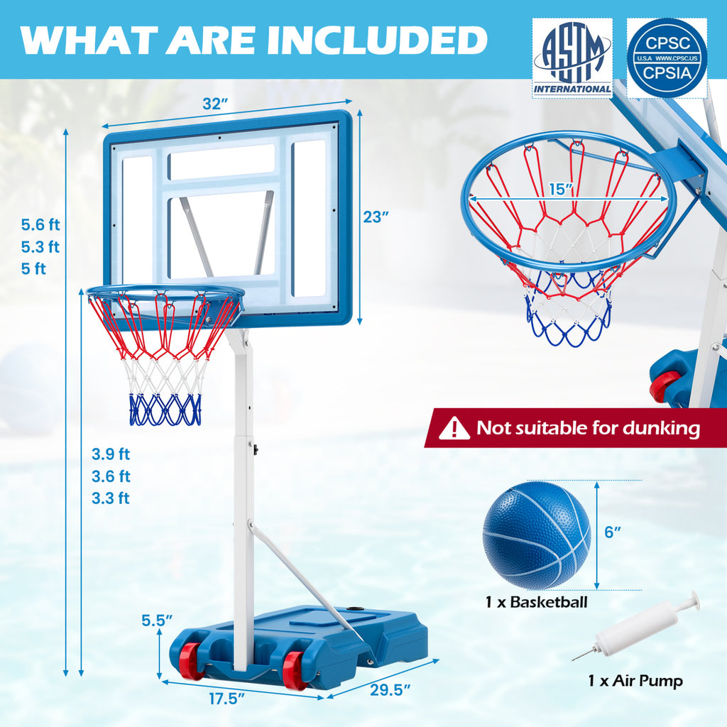 Poolside Adjustable Basketball Hoop 3.3-3.9 Ft with Shatterproof Backboard