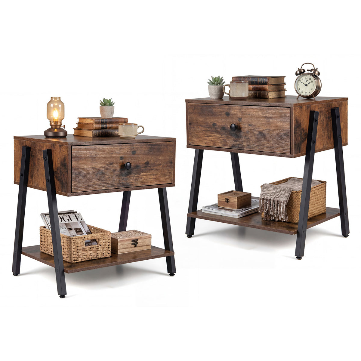 Industrial Nightstand Set of 2 - Rustic Brown