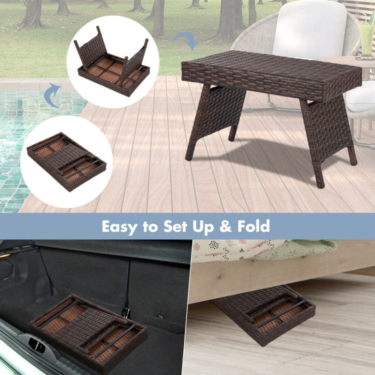 2-Piece Folding Padded Rattan Patio Chaise Lounge with Side Table Set
