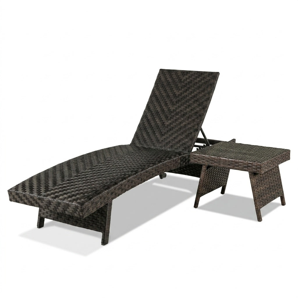 2-Piece Folding Padded Rattan Patio Chaise Lounge with Side Table Set