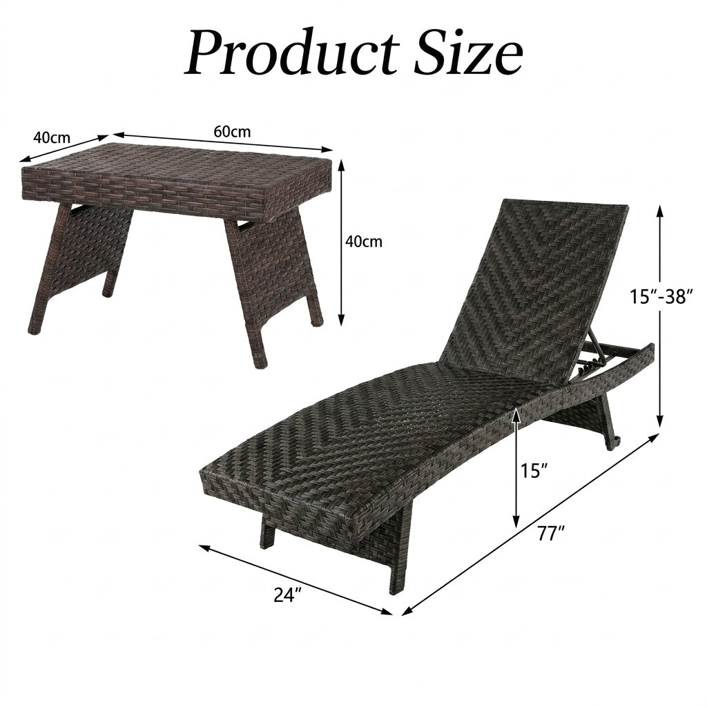 2-Piece Folding Padded Rattan Patio Chaise Lounge with Side Table Set