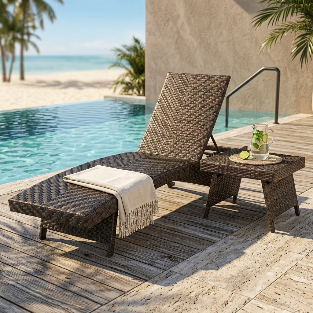 2-Piece Folding Padded Rattan Patio Chaise Lounge with Side Table Set