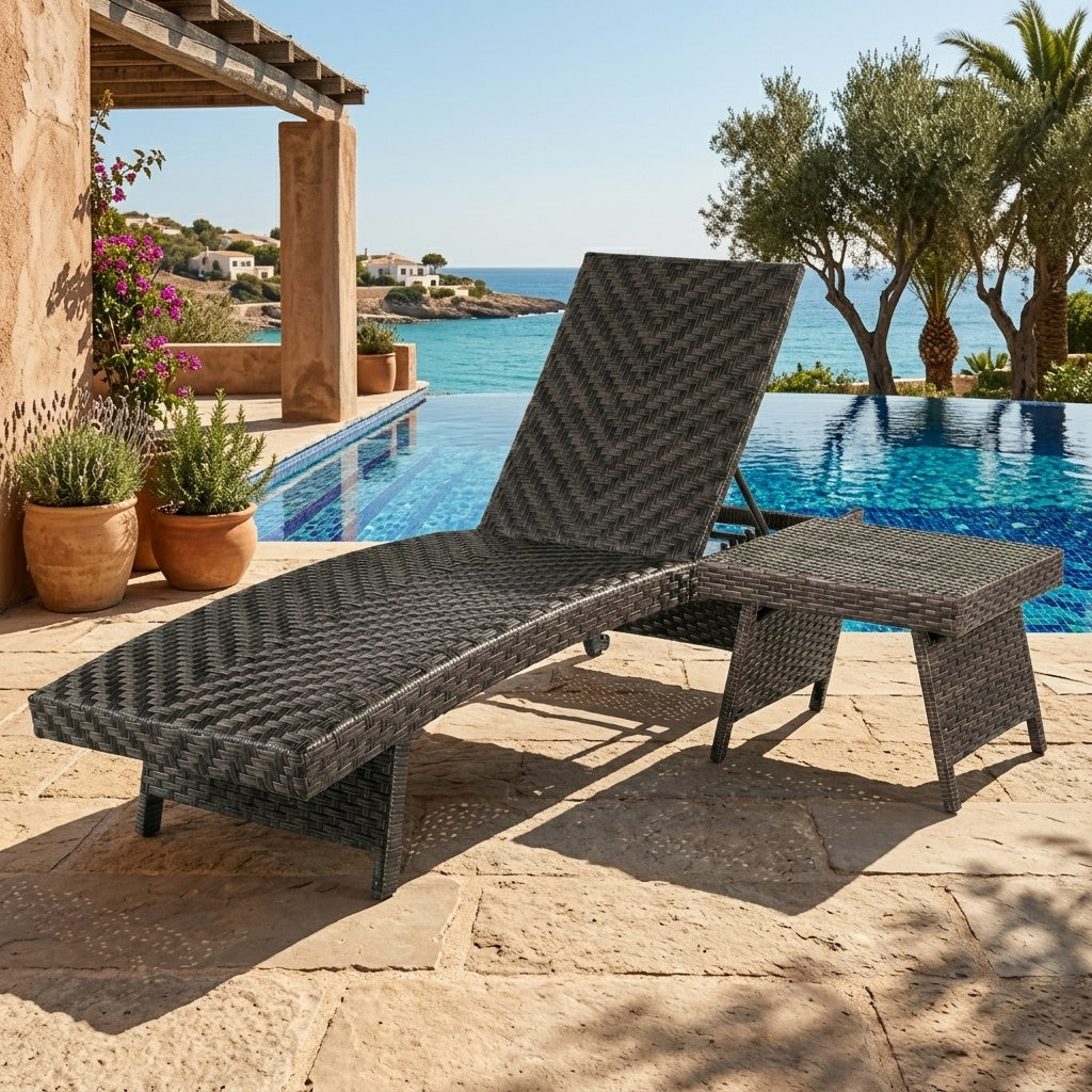 2-Piece Folding Padded Rattan Patio Chaise Lounge with Side Table Set