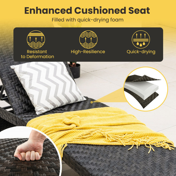 2-Piece Folding Padded Rattan Patio Chaise Lounge with Side Table Set