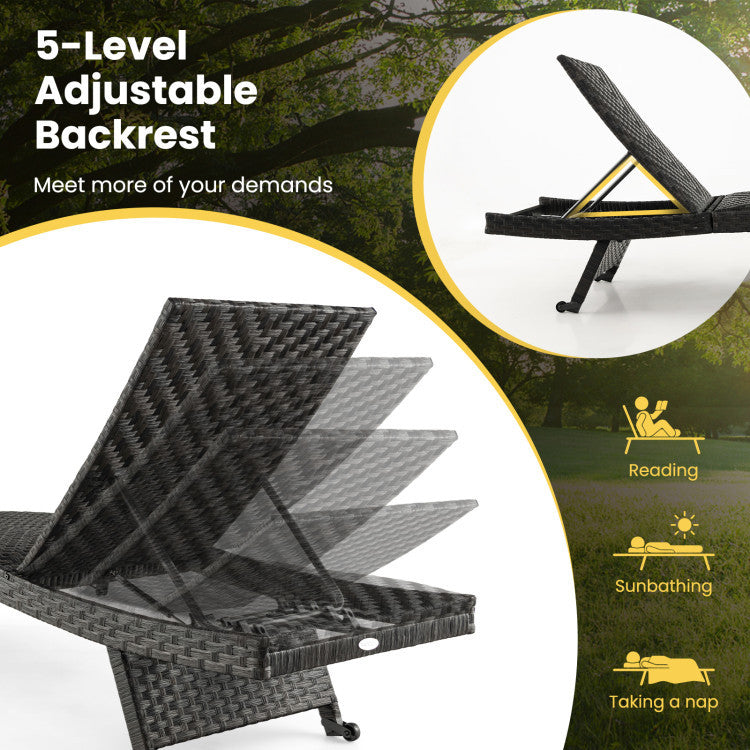 2-Piece Folding Padded Rattan Patio Chaise Lounge with Side Table Set