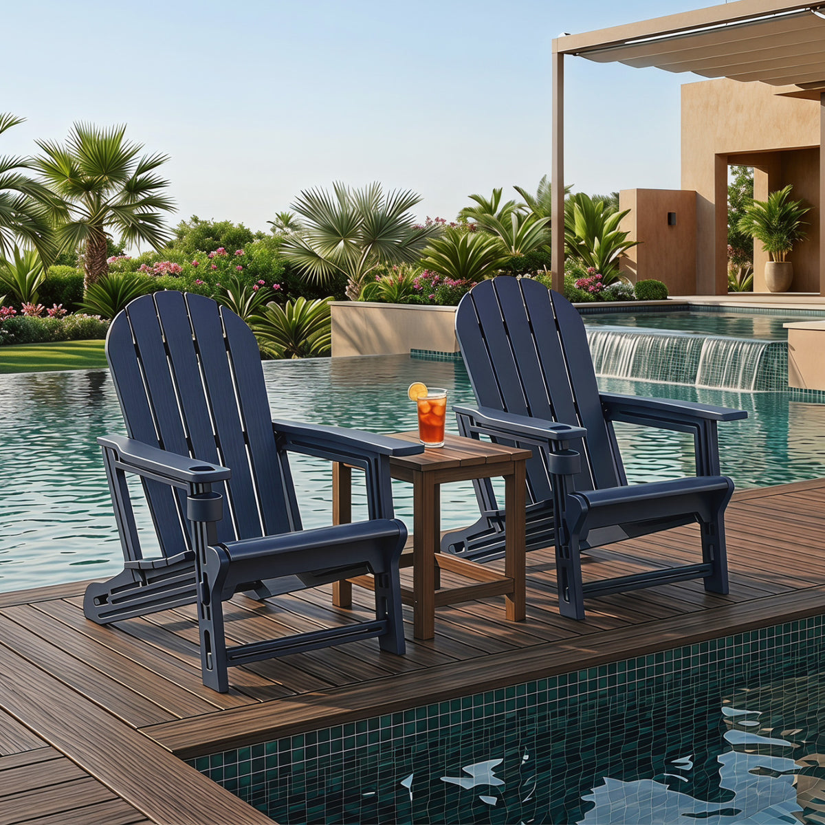 Set of 2 HDPE Adirondack Chair with Cup Holder and Wooden Texture for