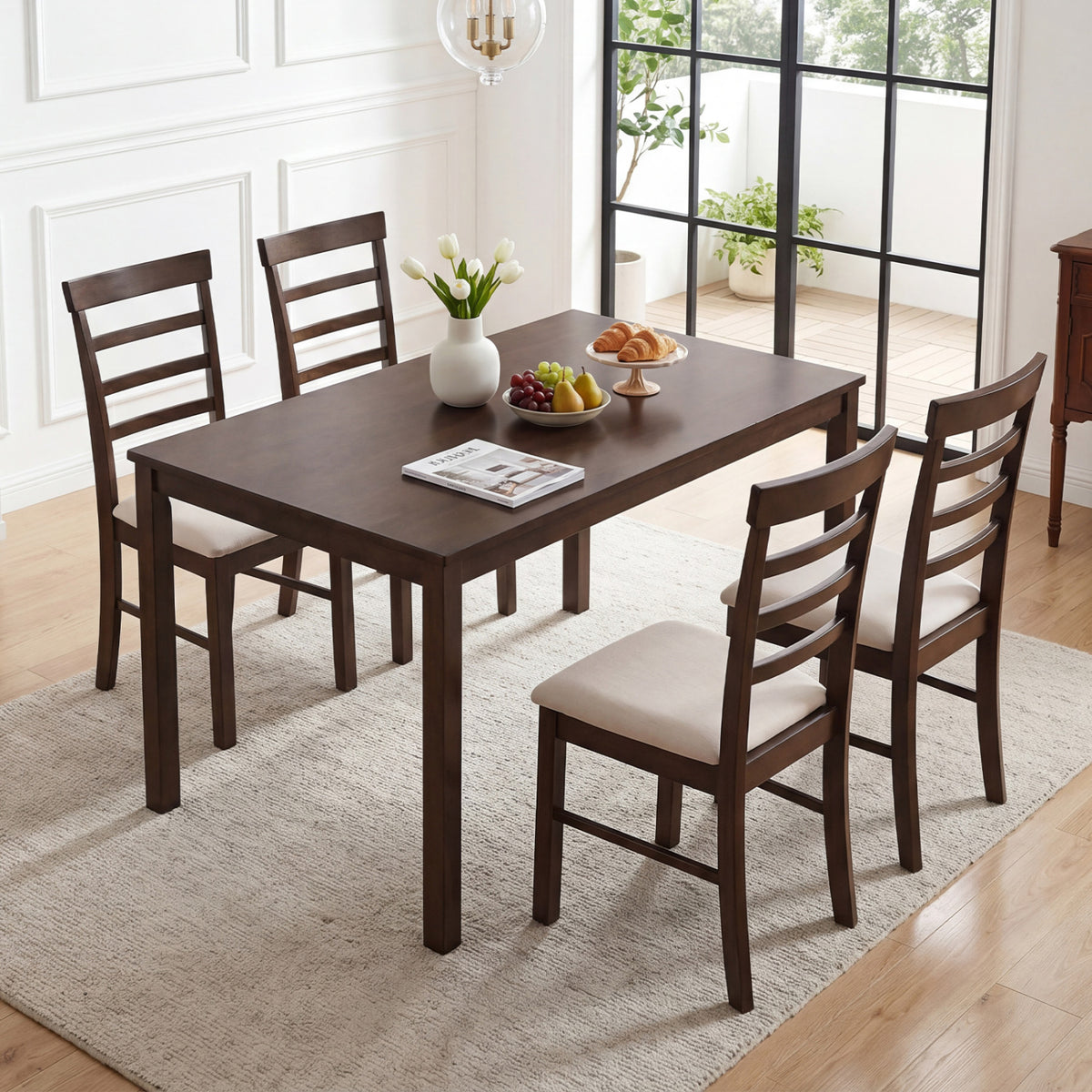 5-Piece Dining Table Set for 4 with Upholstered Chairs, Brown