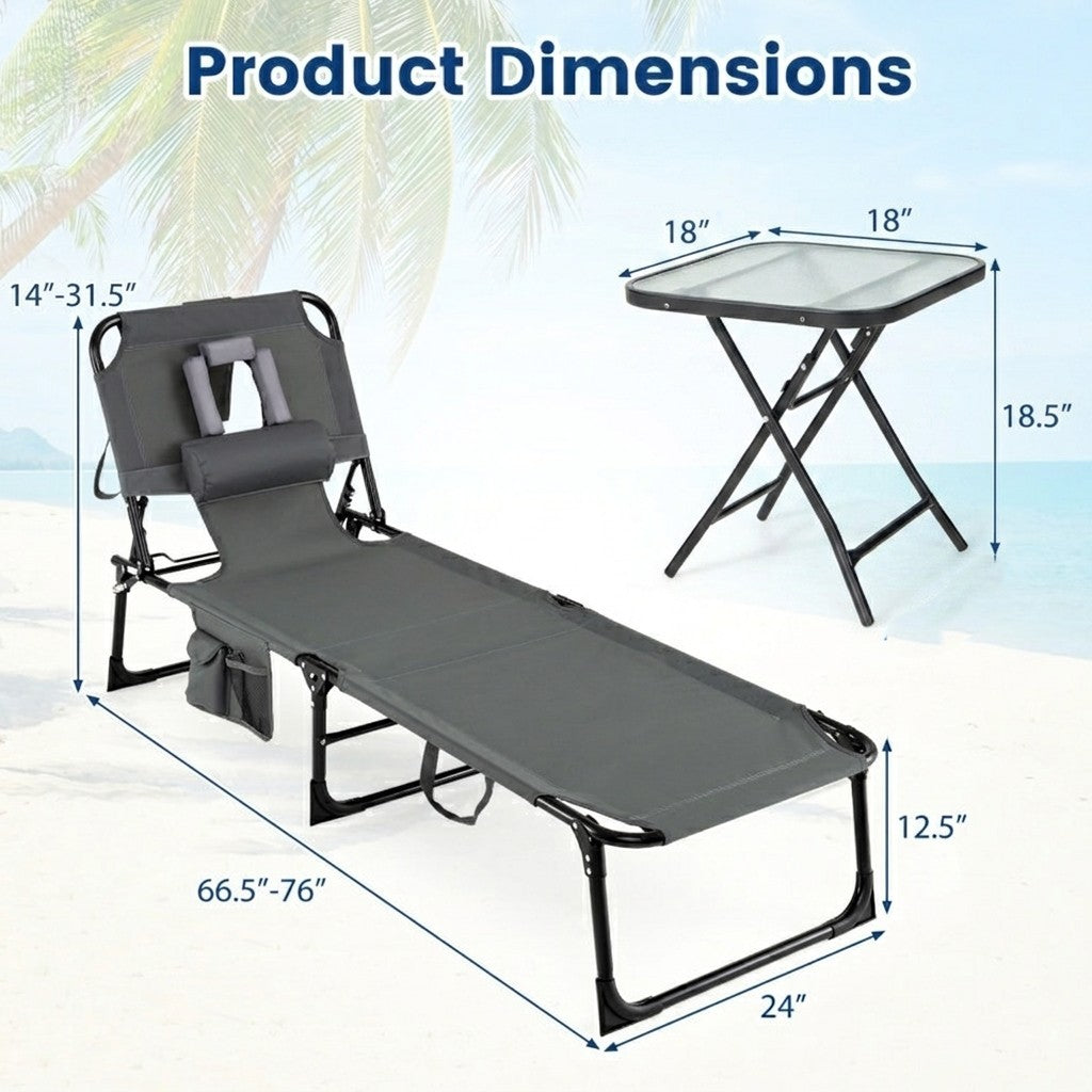 2-Piece Outdoor Tanning Chair and Patio Side Table Set with Folding