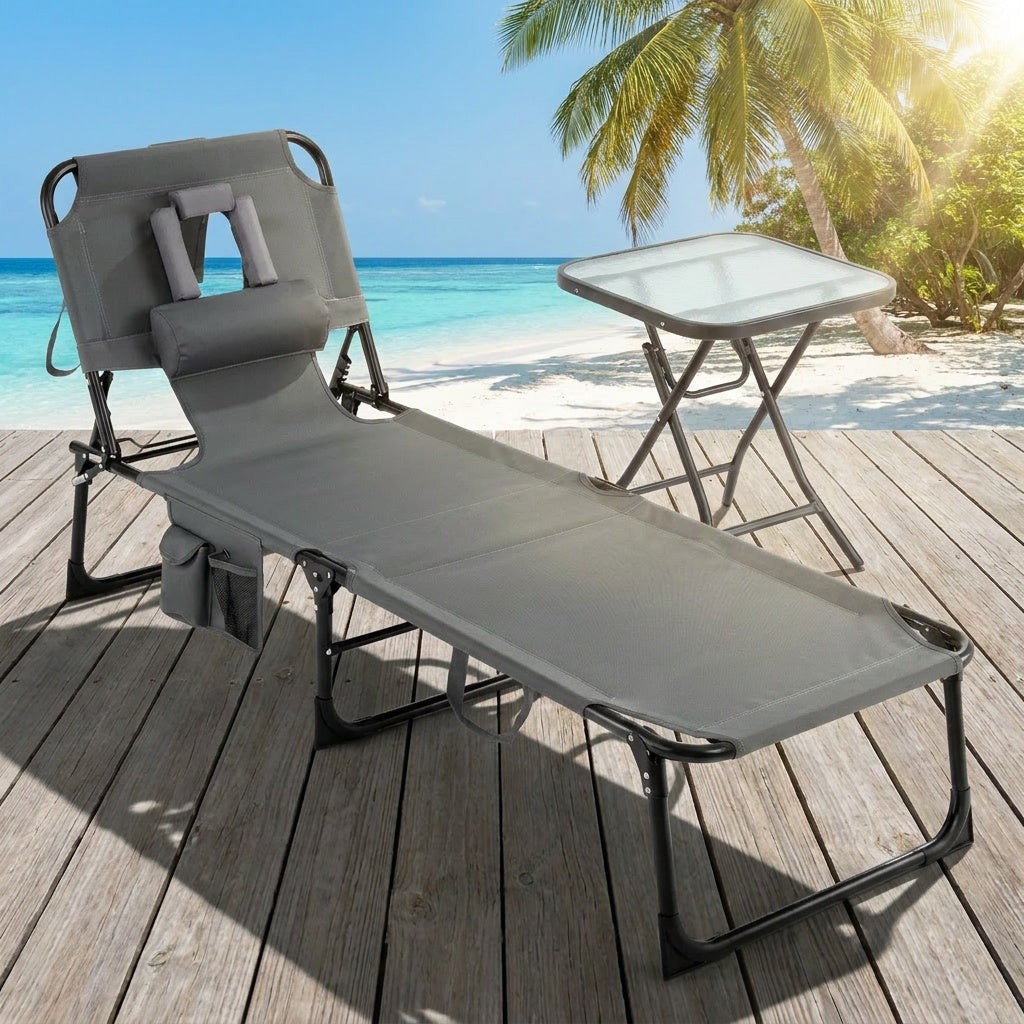 2-Piece Outdoor Tanning Chair and Patio Side Table Set with Folding