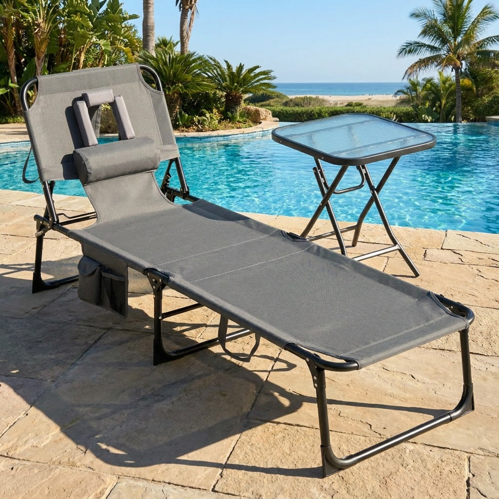 2-Piece Outdoor Tanning Chair and Patio Side Table Set with Folding