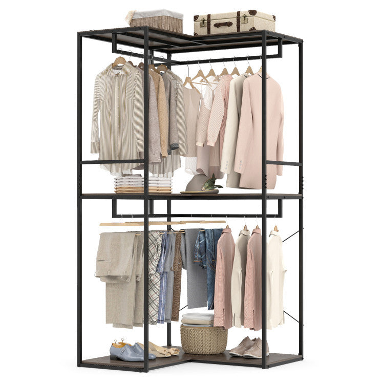 Freestanding Clothing Rack with Wheels & Shelves, Rustic Brown