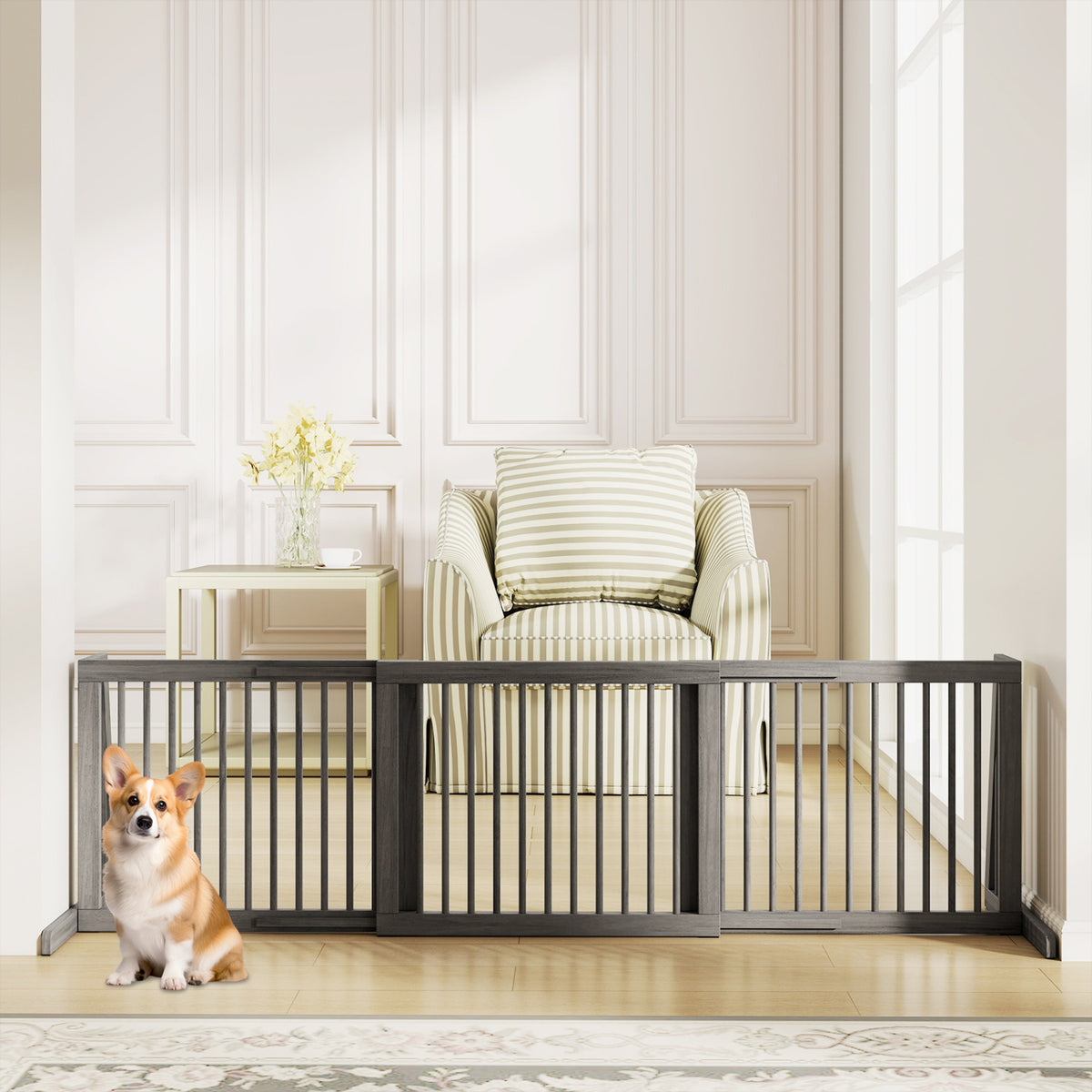 Adjustable Wooden Dog Fence Panel - 28 to 80 Inches, Gray, Folding & Free Standing