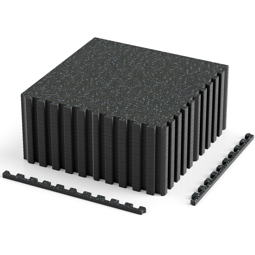 0.55 Inch Thick Rubber Exercise Mat - 70 Sq Ft with Borders, 18 Pack - Black/Gray Speckled