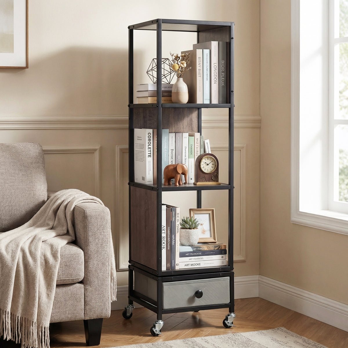 4-Tier Rotating Bookshelf on Wheels with Drawer - White