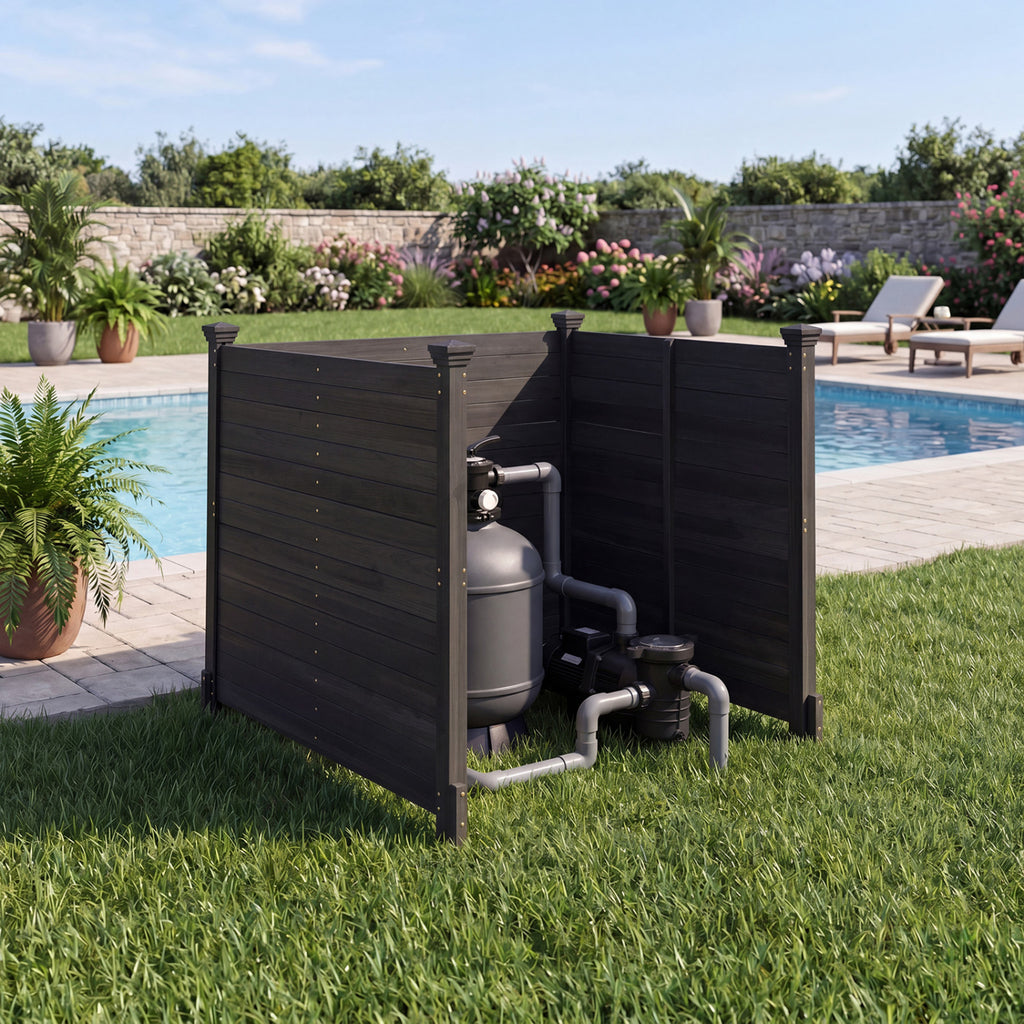 Outdoor Privacy Fence for Air Conditioner - 3 Panels Black with Ground Stakes
