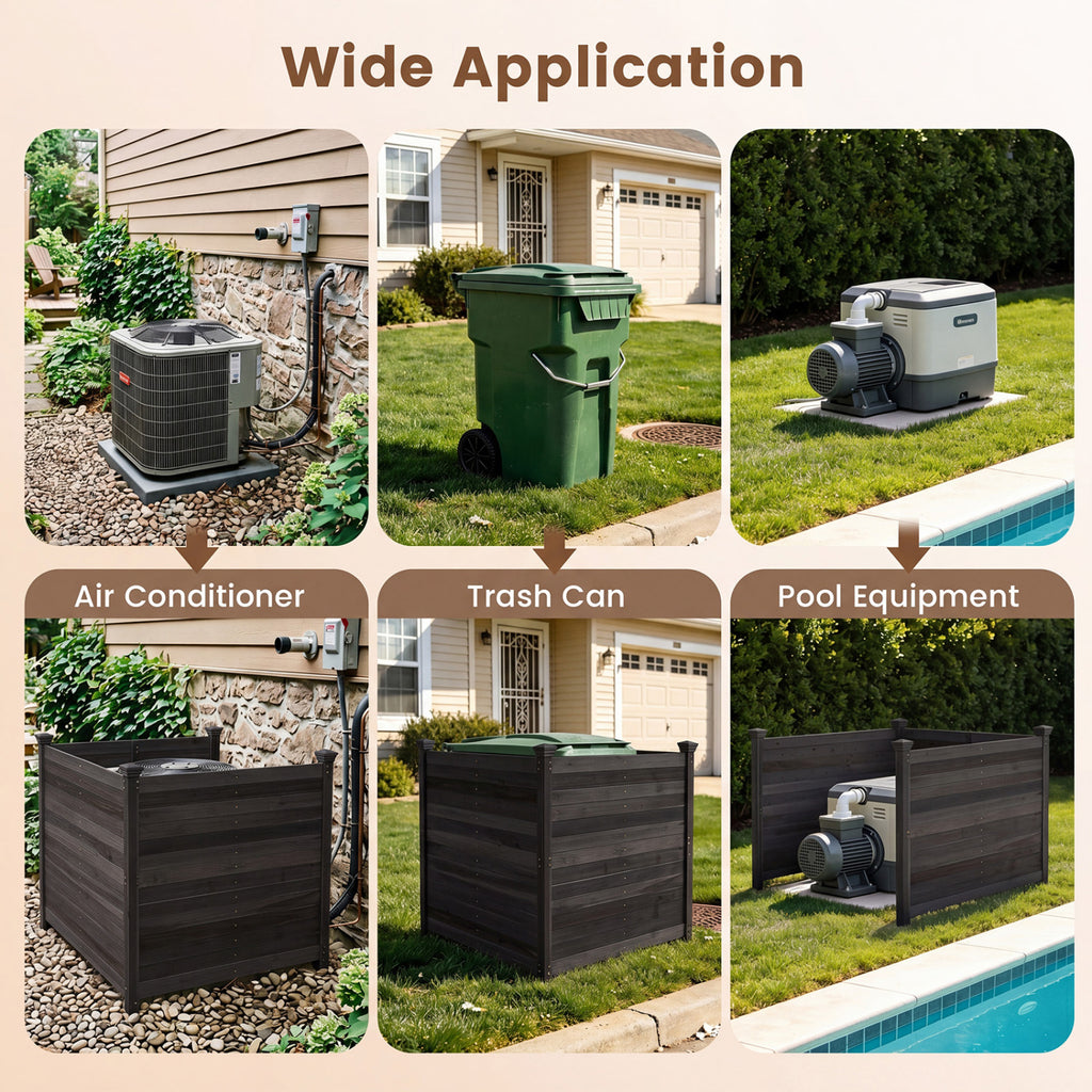 Outdoor Privacy Fence for Air Conditioner - 3 Panels Black with Ground Stakes