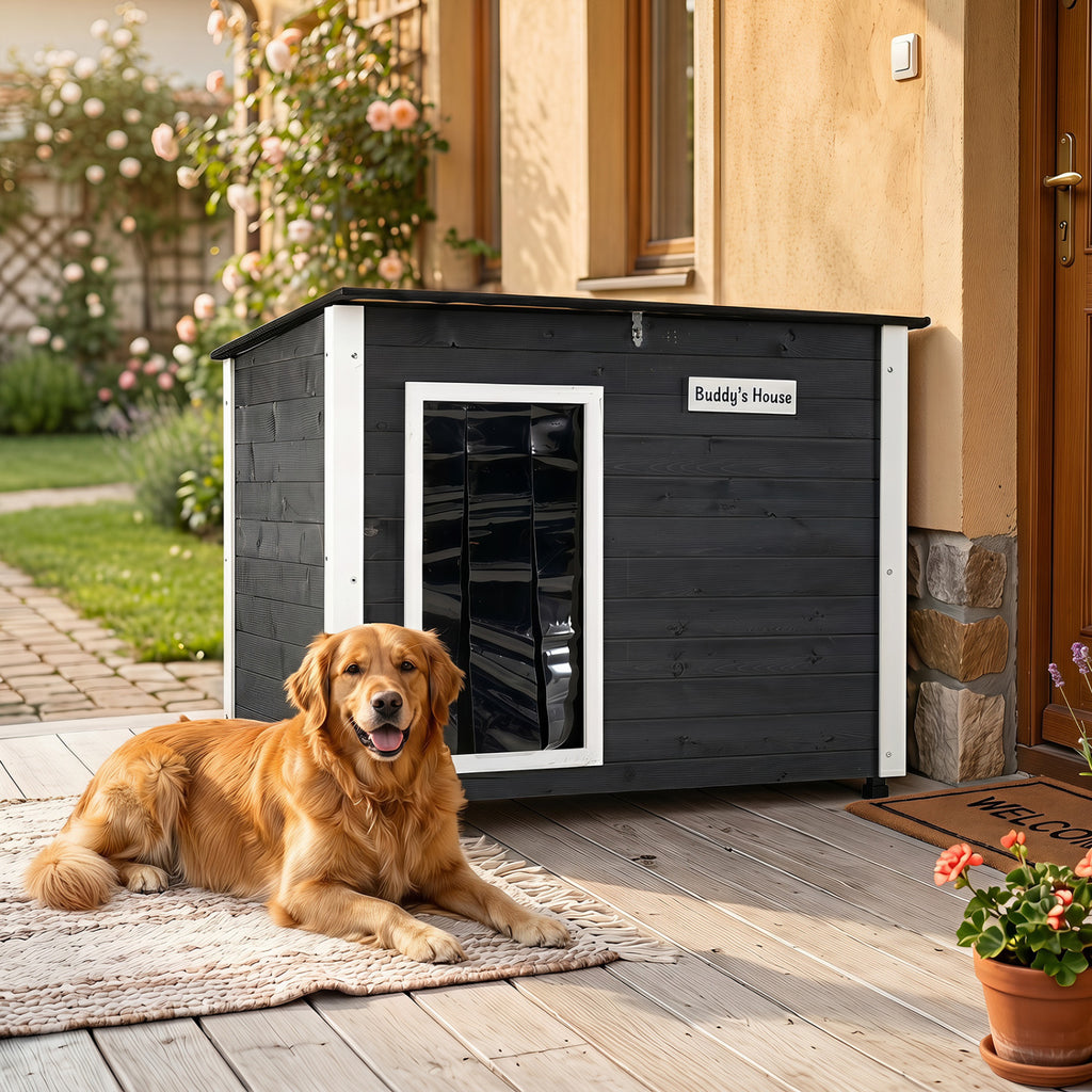 Wooden Dog House Outdoor with Spruce Frame, Removable Floor & Asphalt Roof - PVC Curtains S Variation