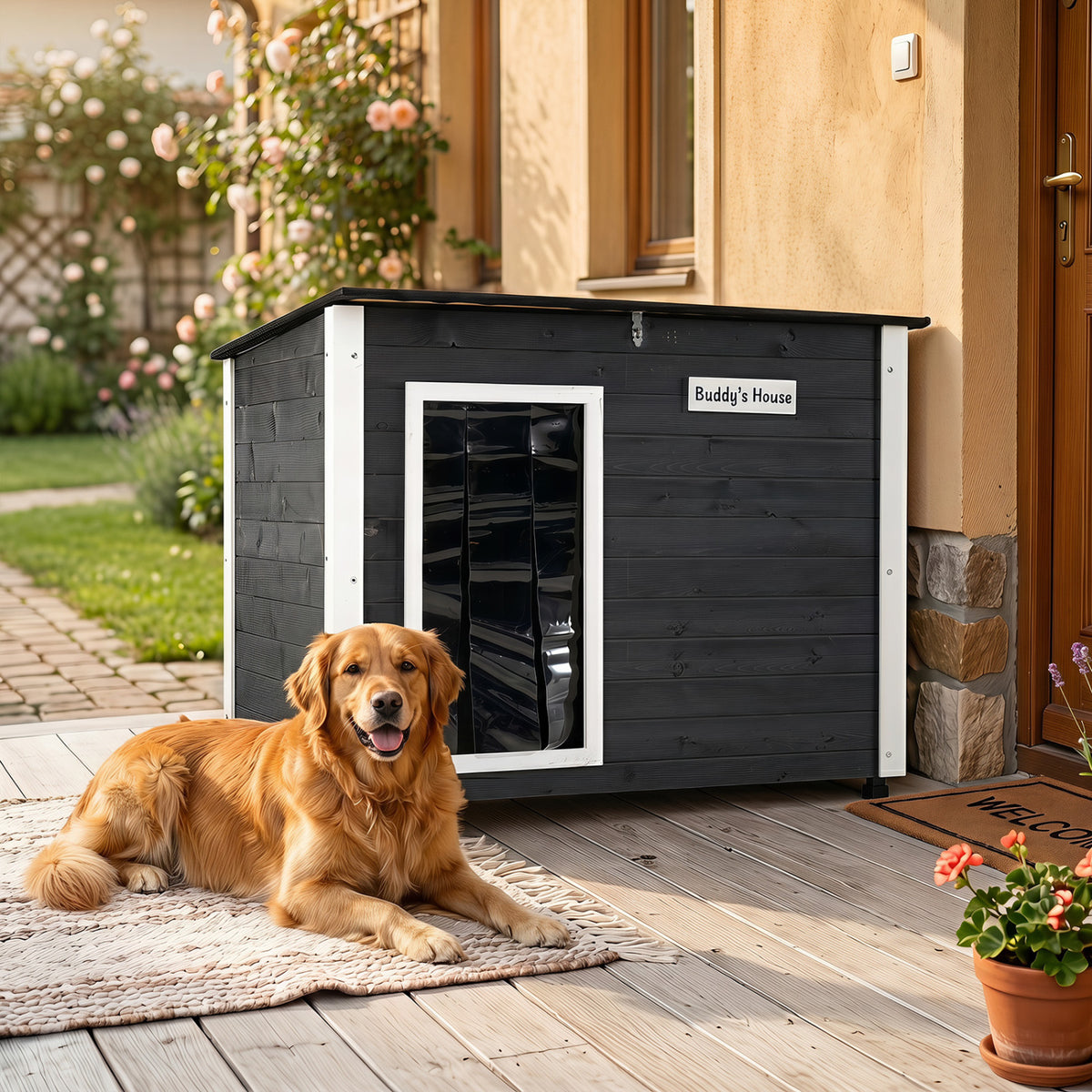 Wooden Dog House Outdoor with Spruce Frame, Removable Floor & Asphalt Roof - PVC Curtains S Variation