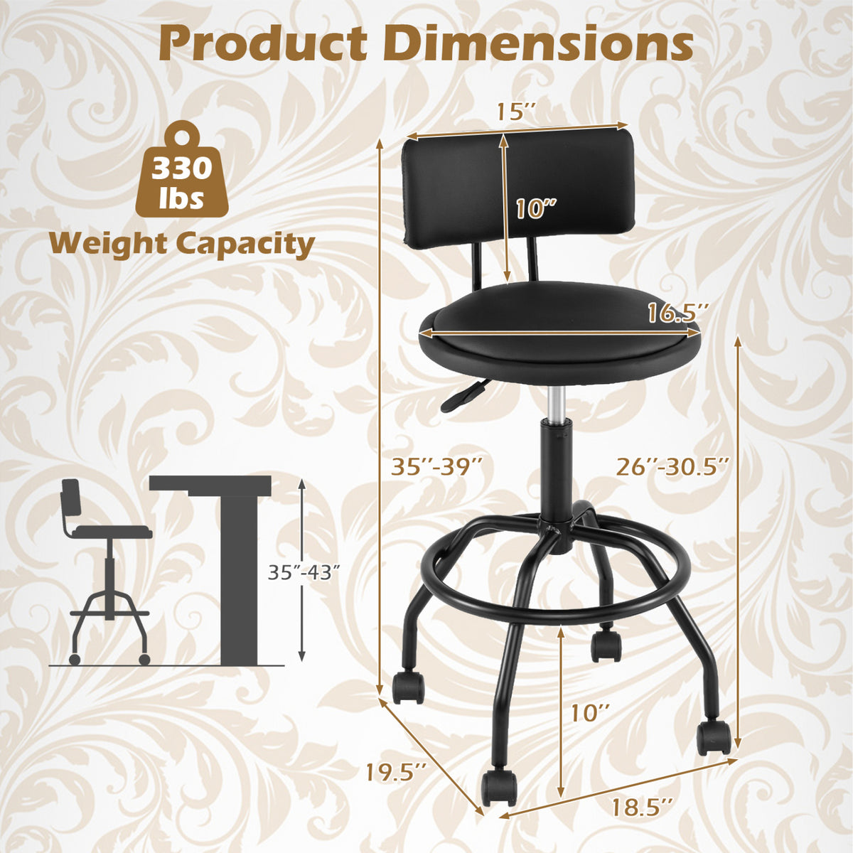 Set of 2 Swivel Height Adjustable Bar Stools with Backrest