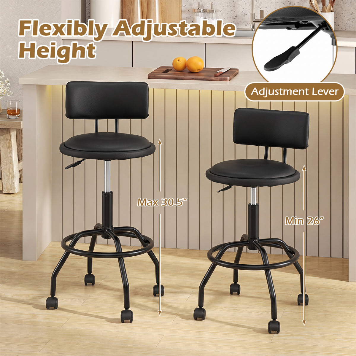 Adjustable Bar Stools Set of 4 - Swivel with Backrest