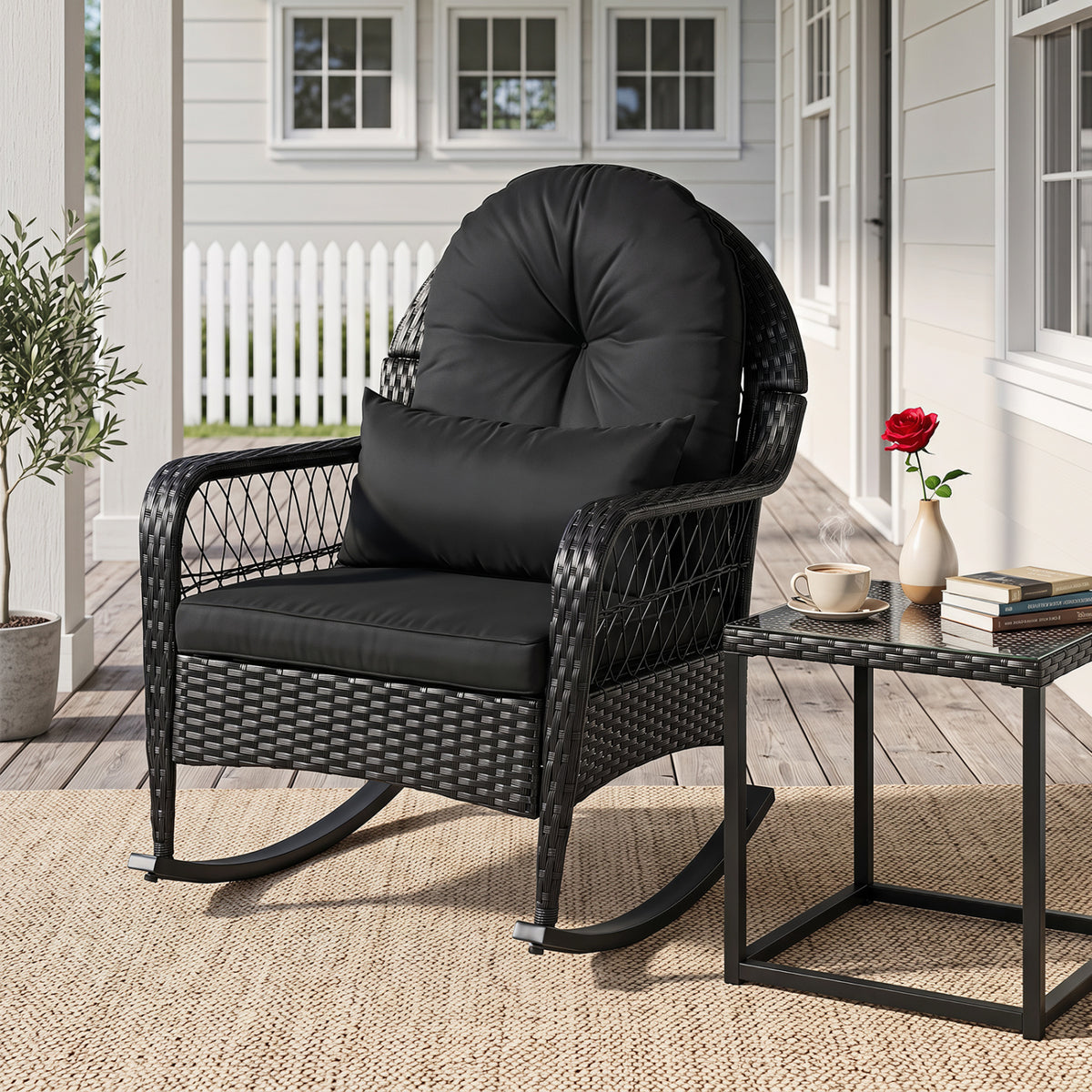 Outdoor Wicker Rocking Chair with Anti-Tip Stoppers and Thick