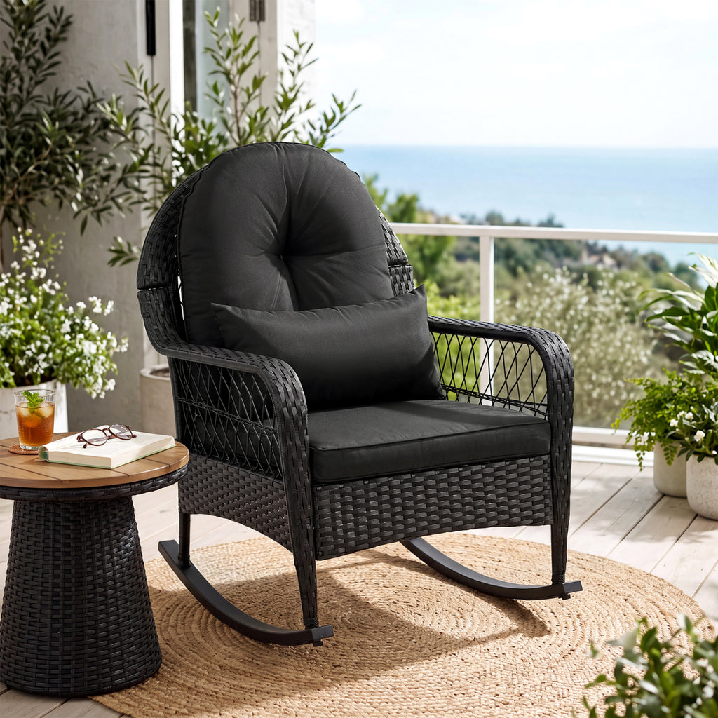 Outdoor Wicker Rocking Chair with Anti-Tip Stoppers and Thick