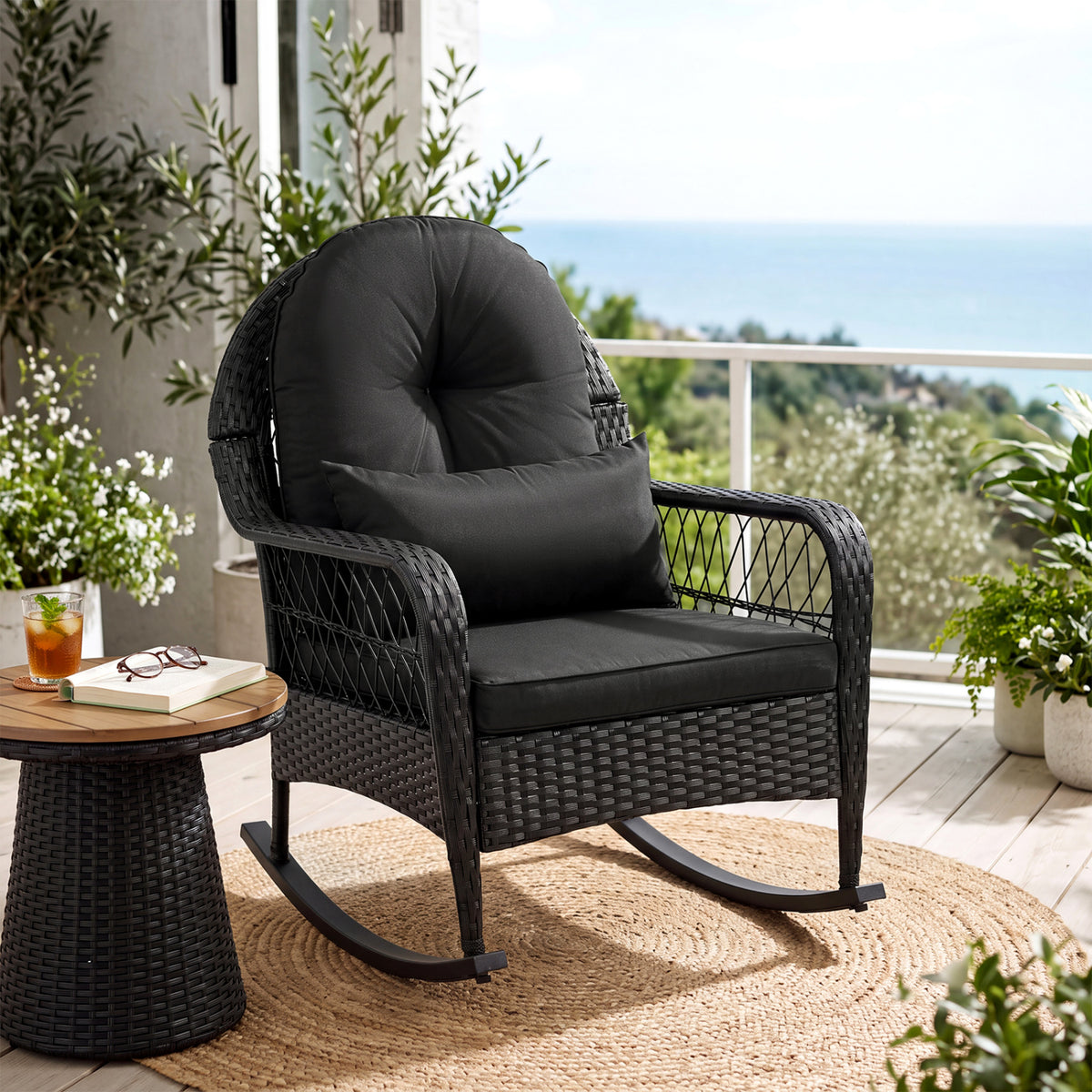 Outdoor Wicker Rocking Chair with Anti-Tip Stoppers and Thick
