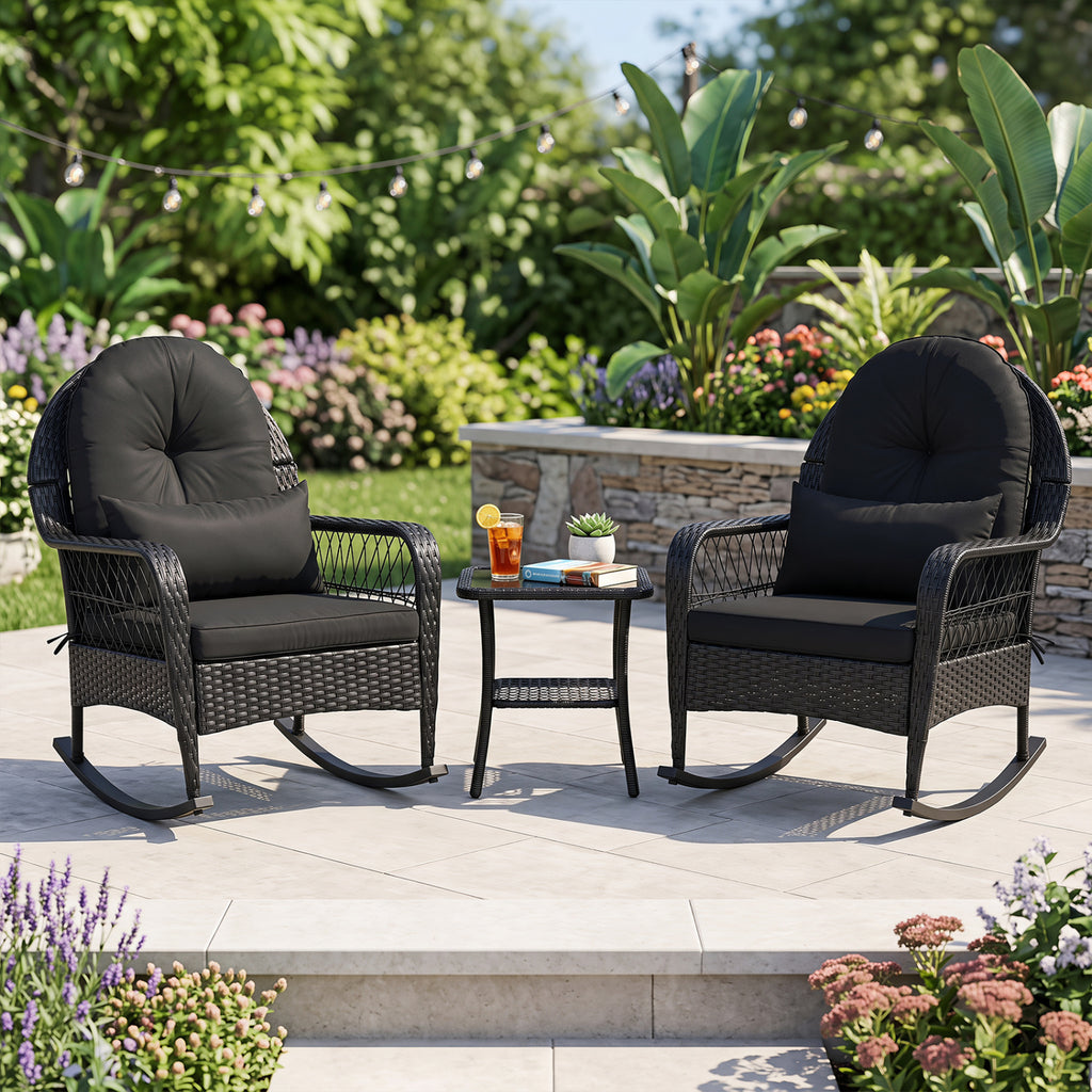 Outdoor Wicker Rocking Chair with Anti-Tip Stoppers and Thick